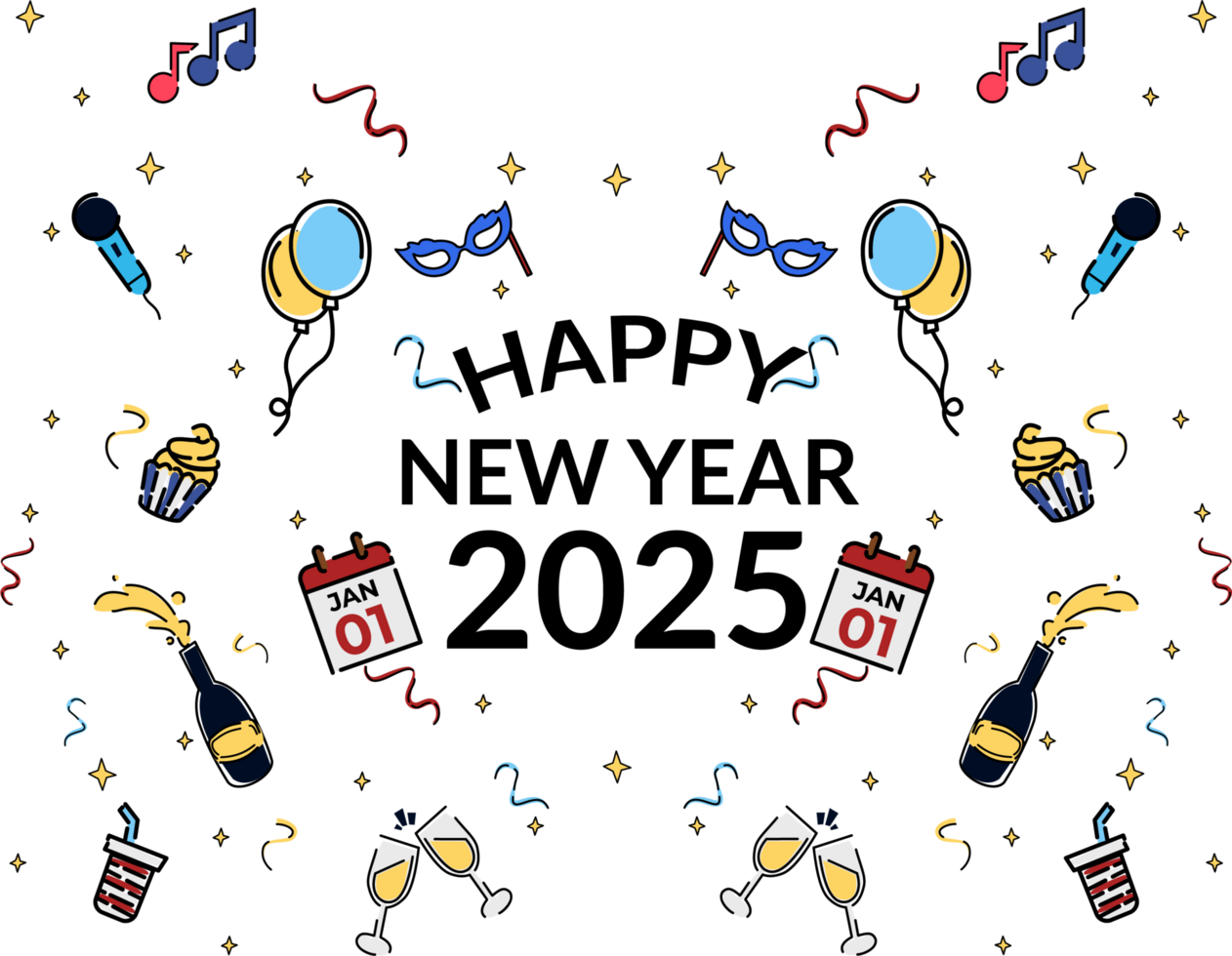 Happy New Year 2025 Greeting Banner with New Year Ornaments png