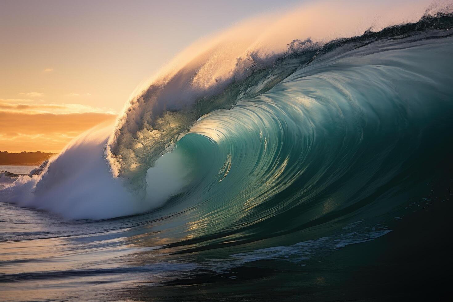 Powerful ocean wave crashing at sunset photo