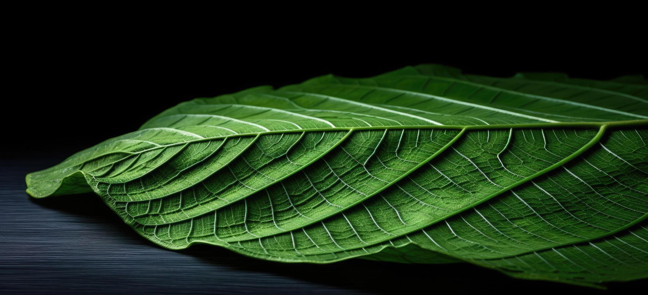 Vibrant green leaf texture on dark background photo