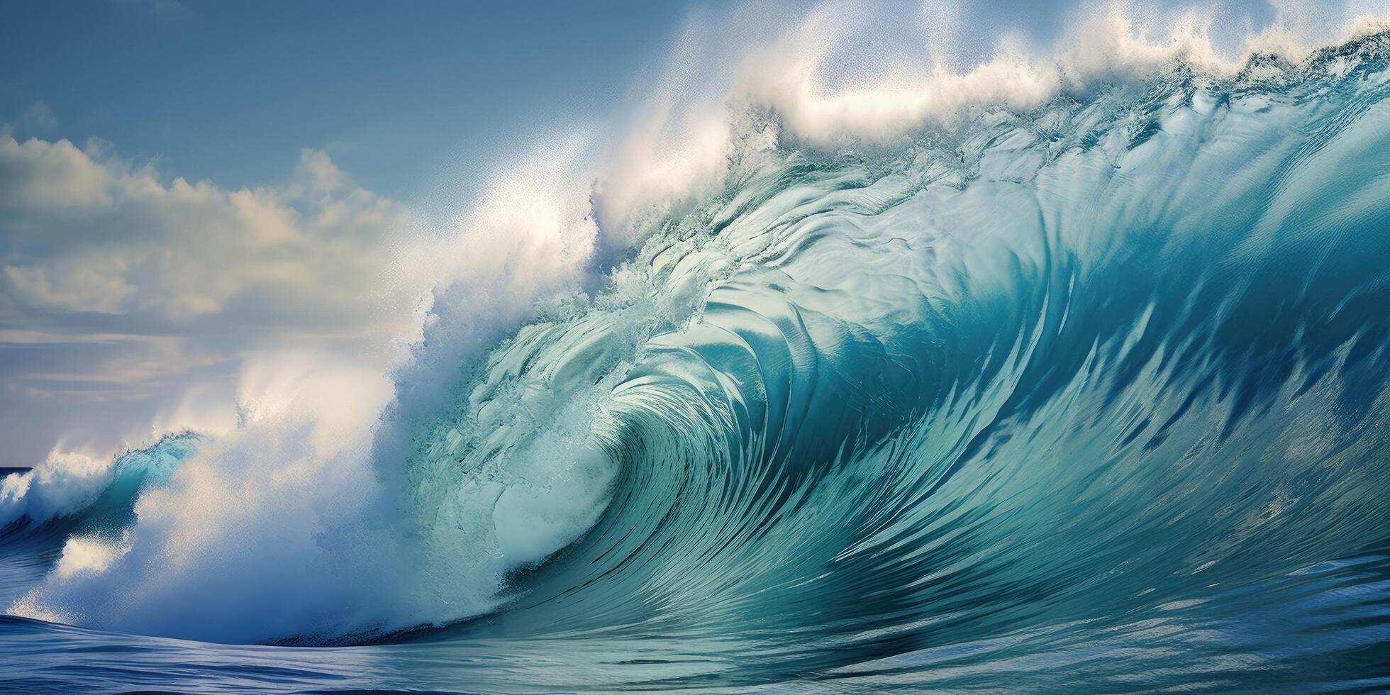 Powerful ocean wave crashing with dramatic clouds photo