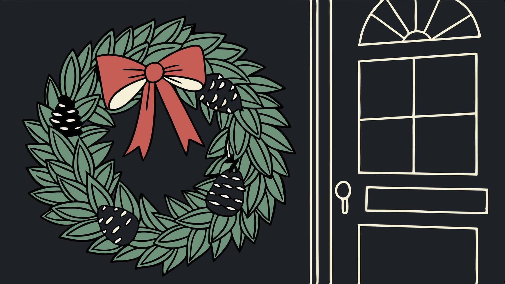 A christmas wreath with lights and pine cones on a black background. vector