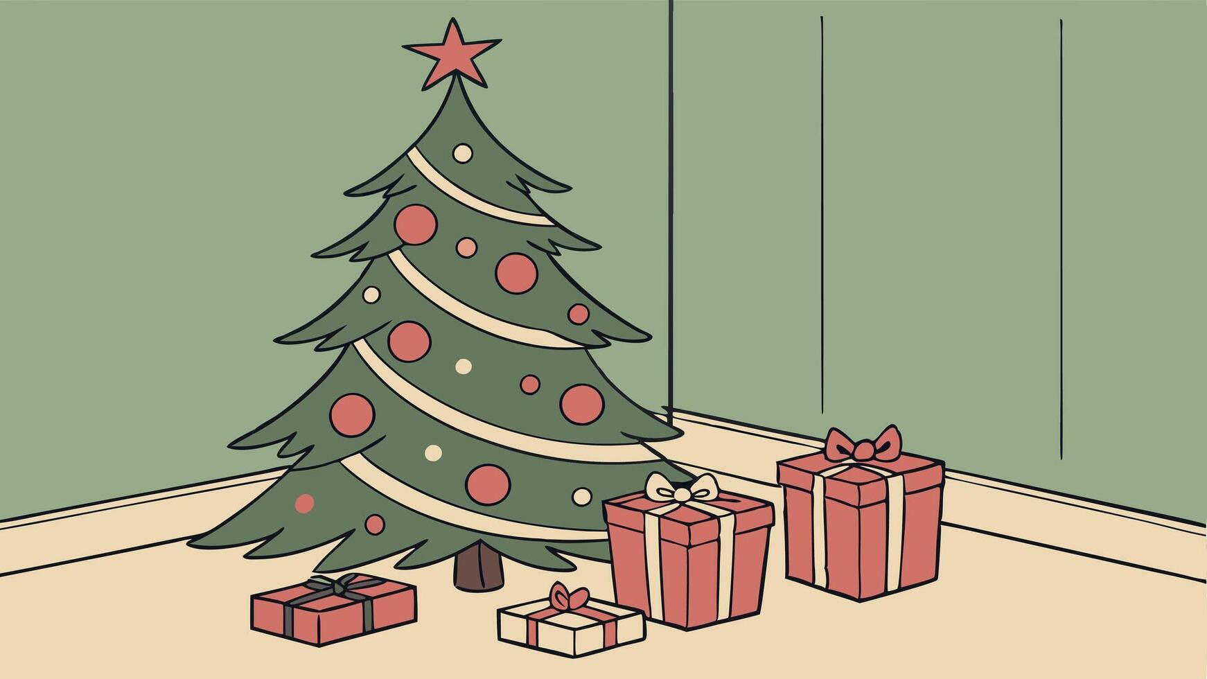 A christmas tree with presents under it in front of a green wall. vector