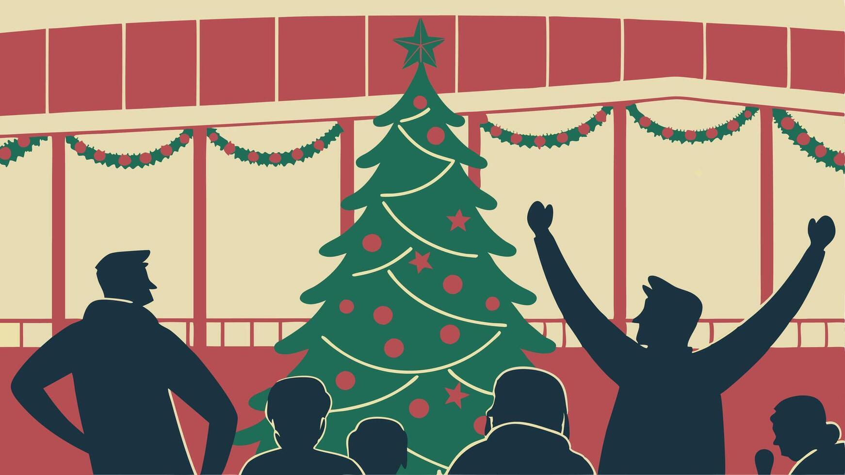 Blur crowd celebrate with Christmas tree at festive venue background vector