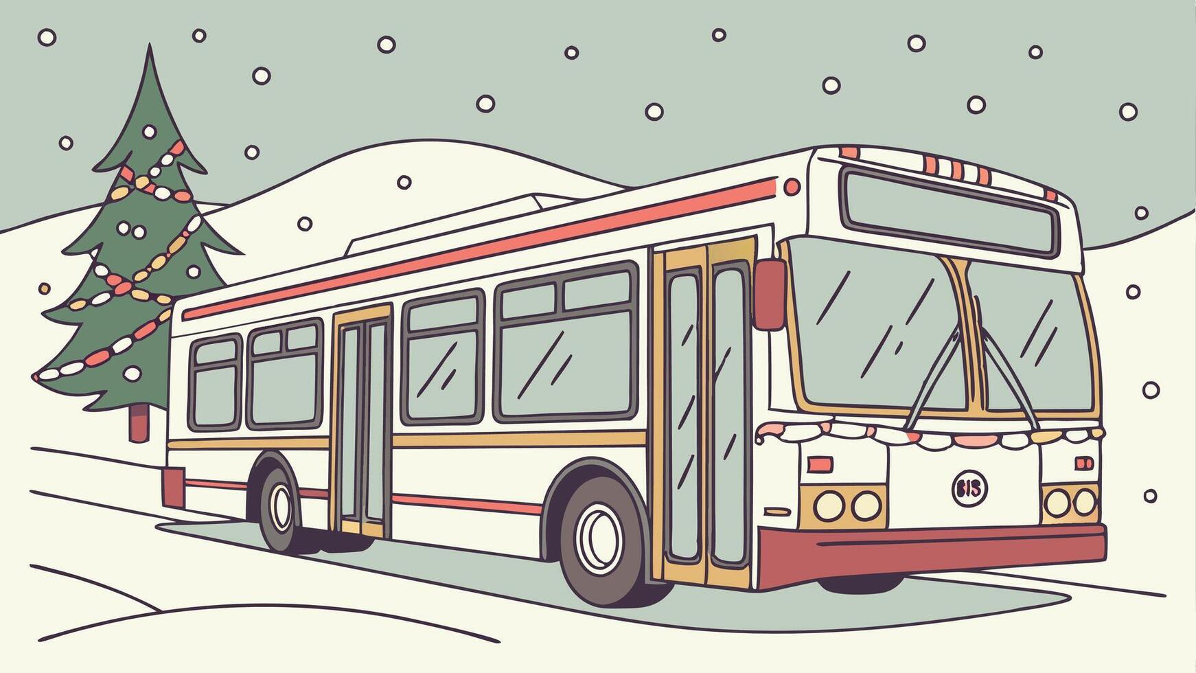 Decorated city bus in the snow with a christmas tree in the background vector