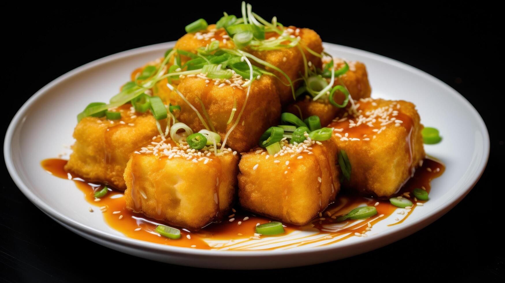 Delicious fried tofu cubes in sweet and savory sauce photo