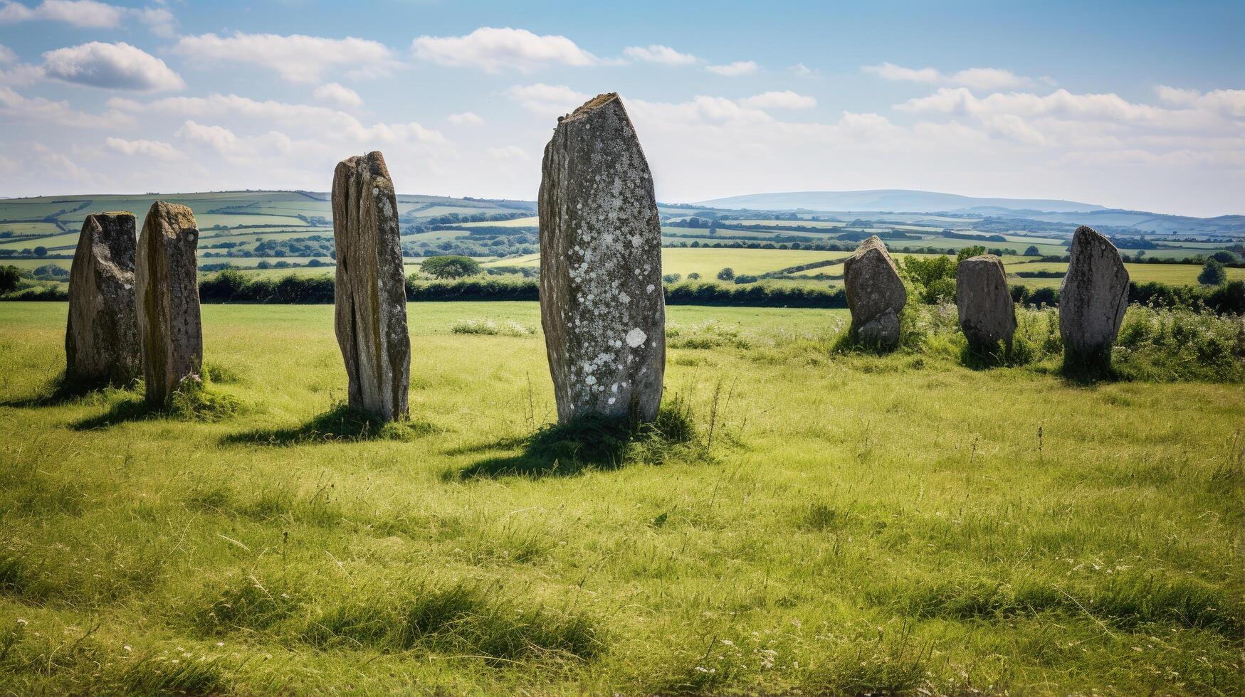 Mysterious standing stones in a lush green field photo