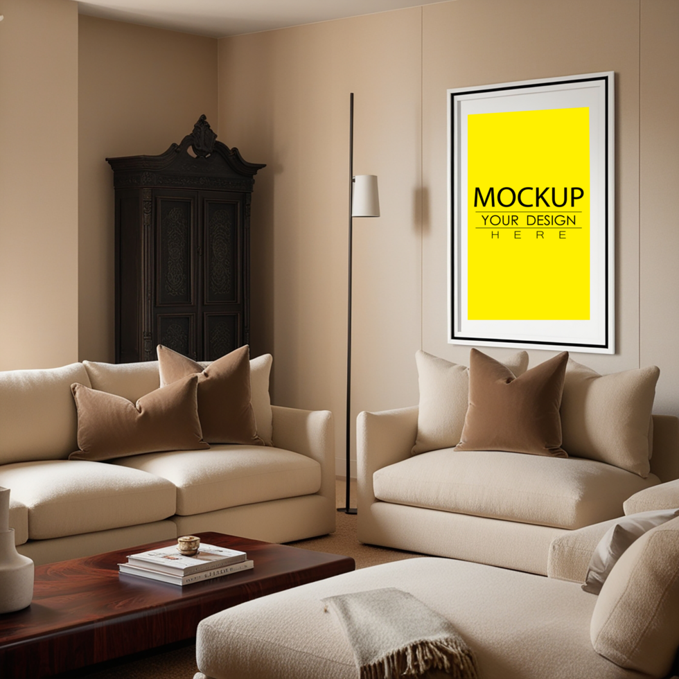 Modern scandinavian living room interior with black mock up poster frame psd