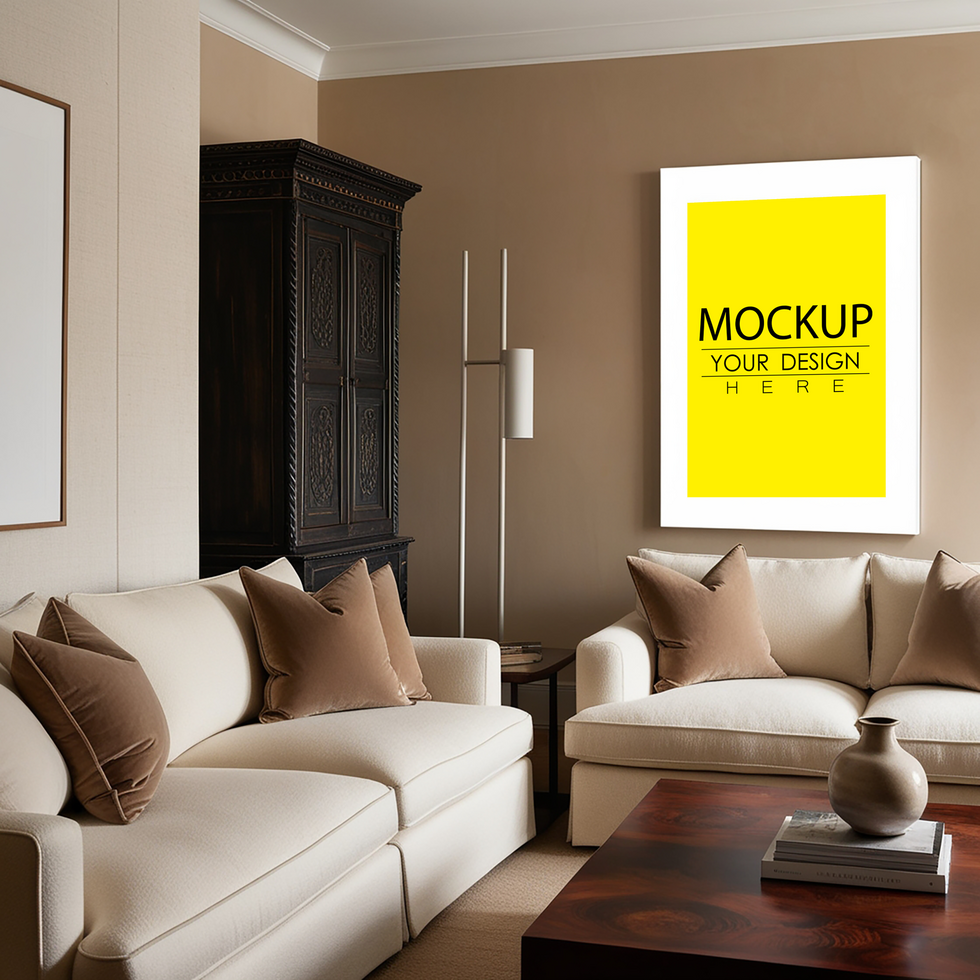 Cozy interior of living space with two white sofas, black wooden cabinet psd