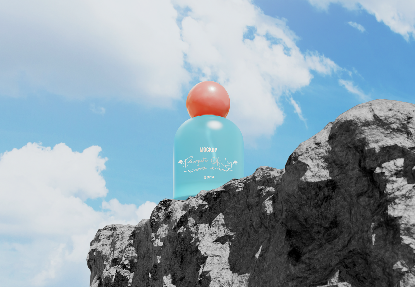Luxury perfume bottle mockup on cliff psd