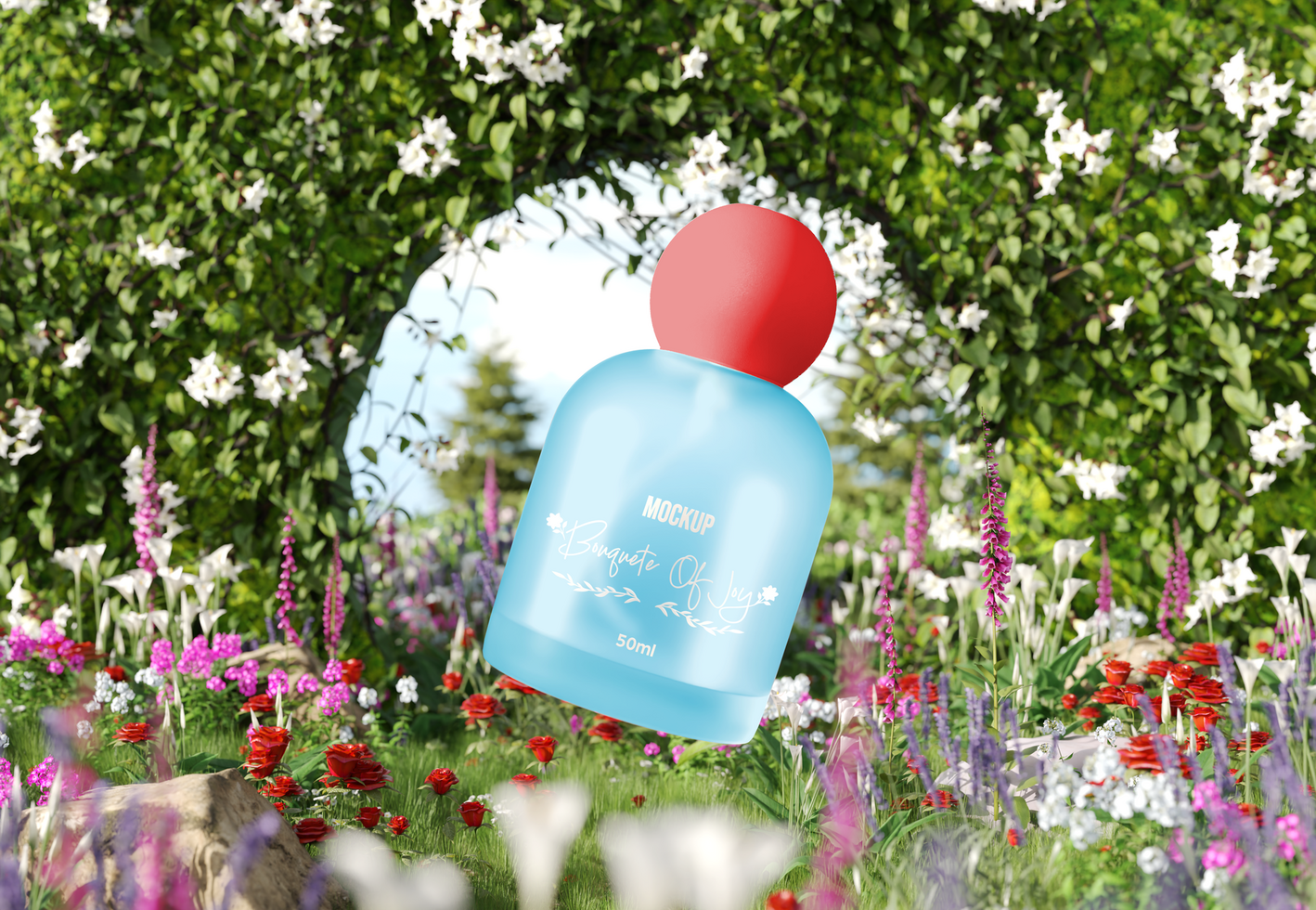 Luxury perfume mockup in blooming floral scenery psd