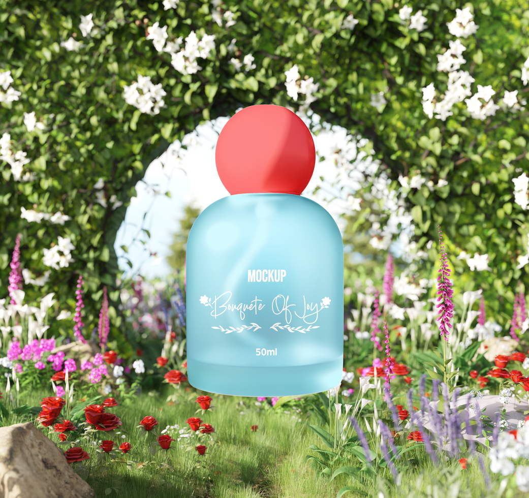 Luxury perfume mockup in blooming floral scenery Close-Up View psd