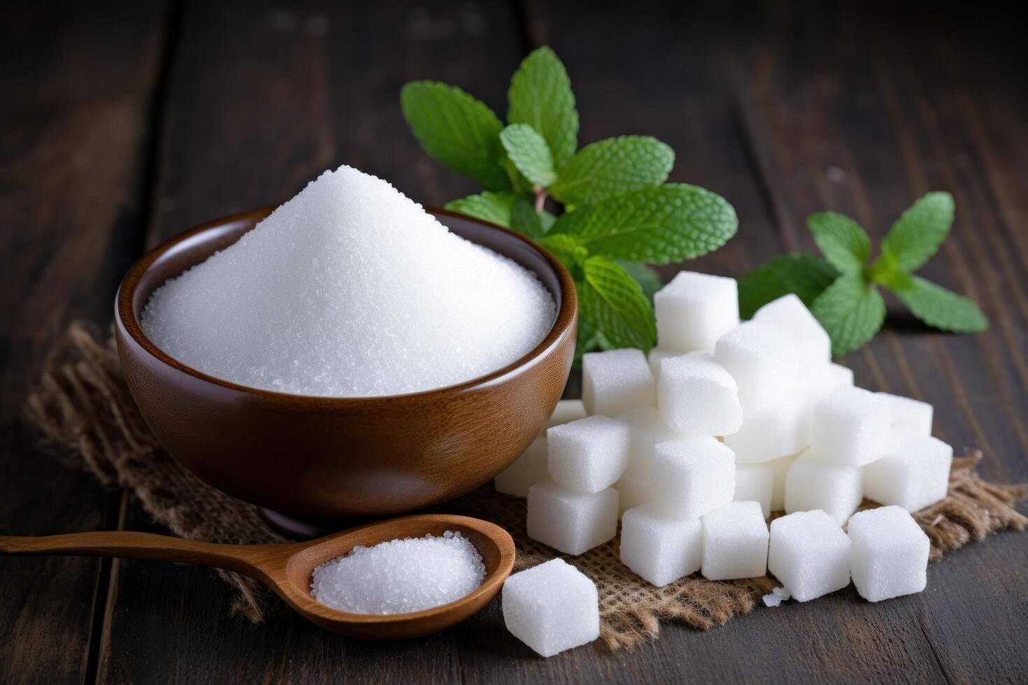 Refined sugar and fresh mint leaves photo