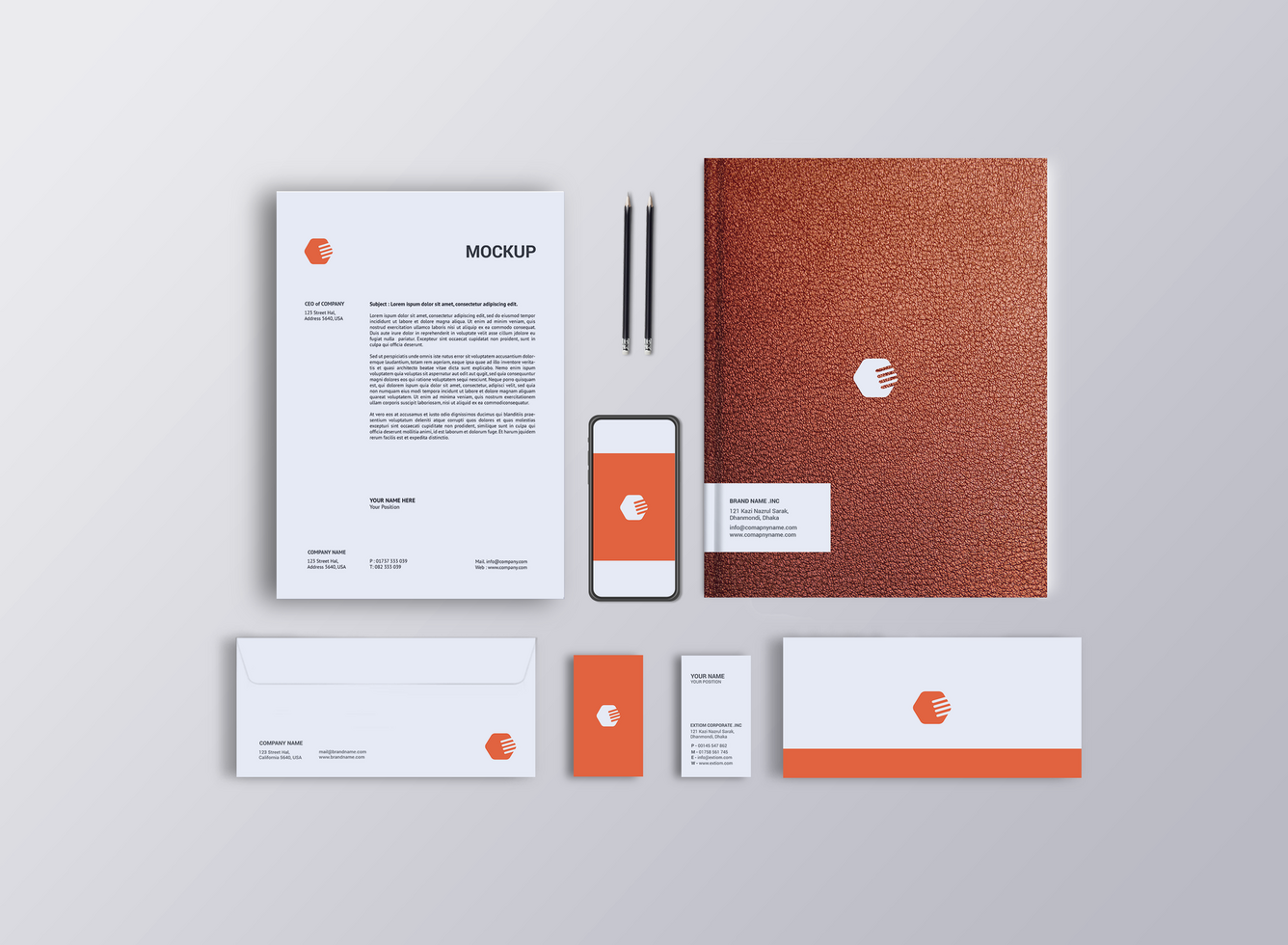 Stationary Letterhead, Card, Phone Mockup psd