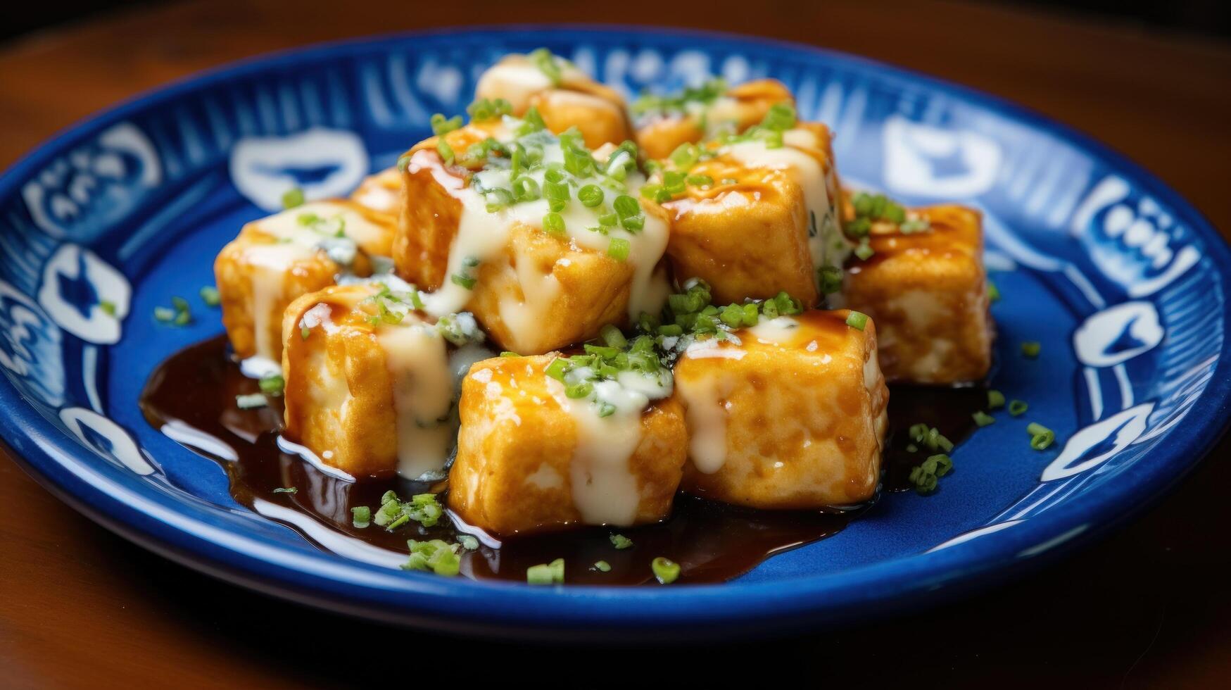 Delicious fried tofu with sauce and garnish photo