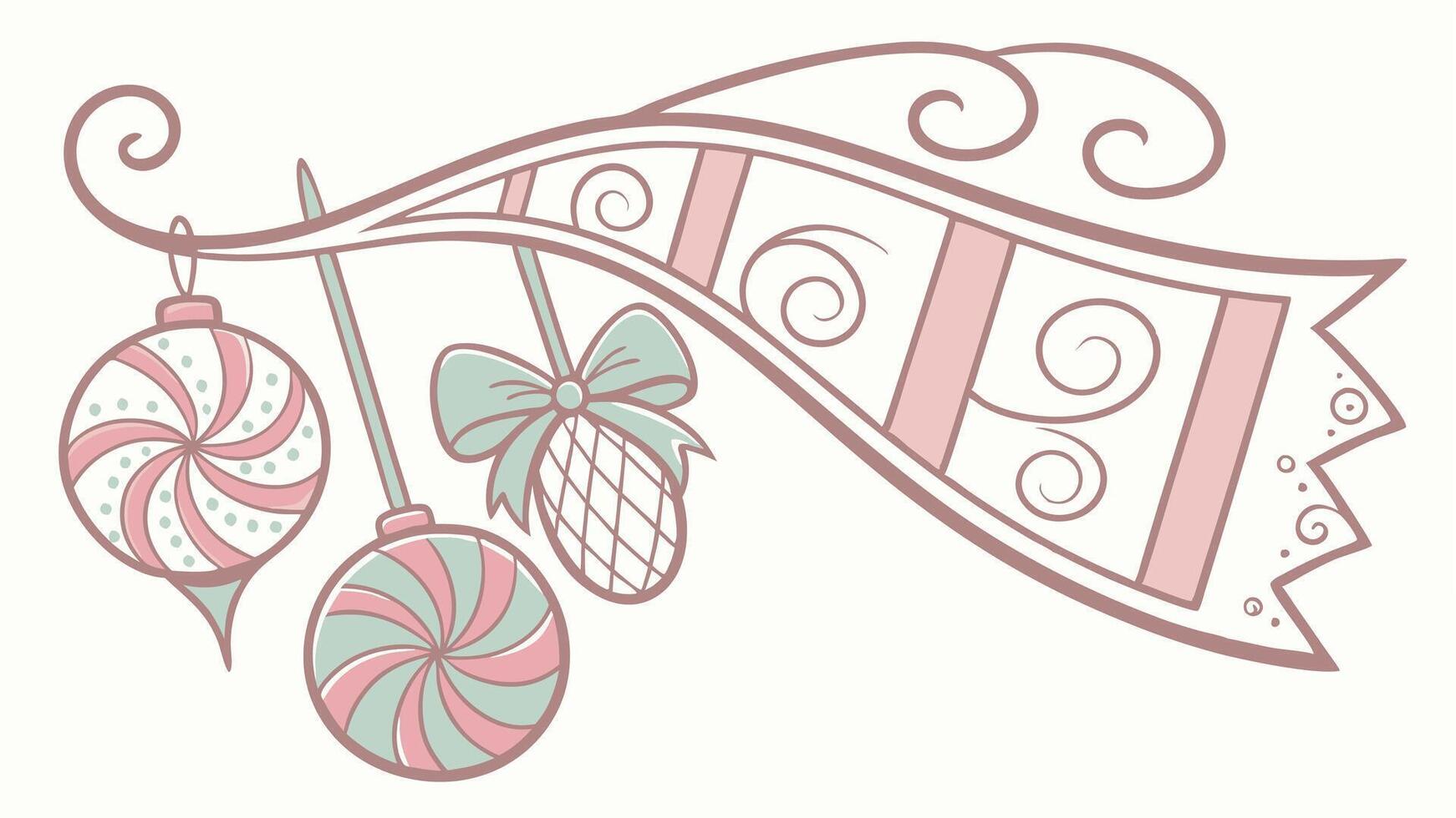 Candy lollipop dessert christmas tree pastel decorative copy space banner with beautiful baubles. vector