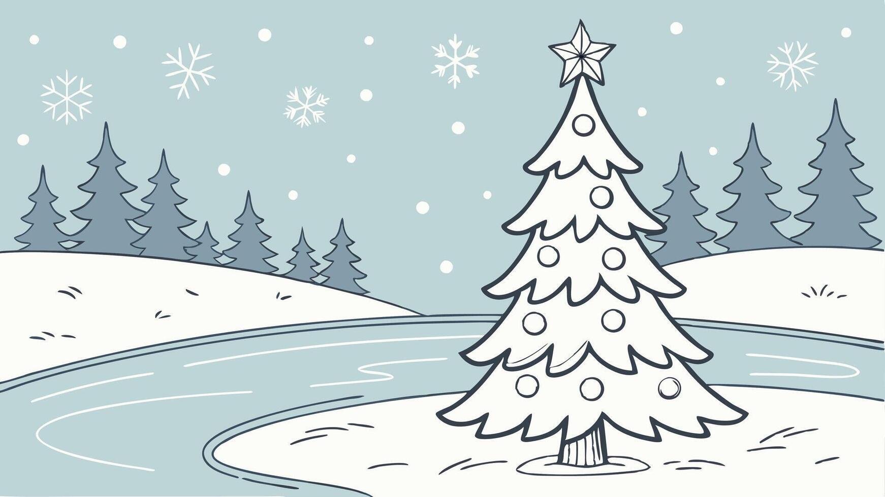 A white christmas tree in the middle of a frozen lake. vector