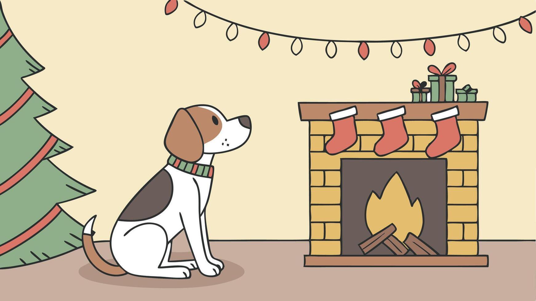 Dog sitting in front of a fireplace with Christmas stockings . allow copy space. christmas banner vector
