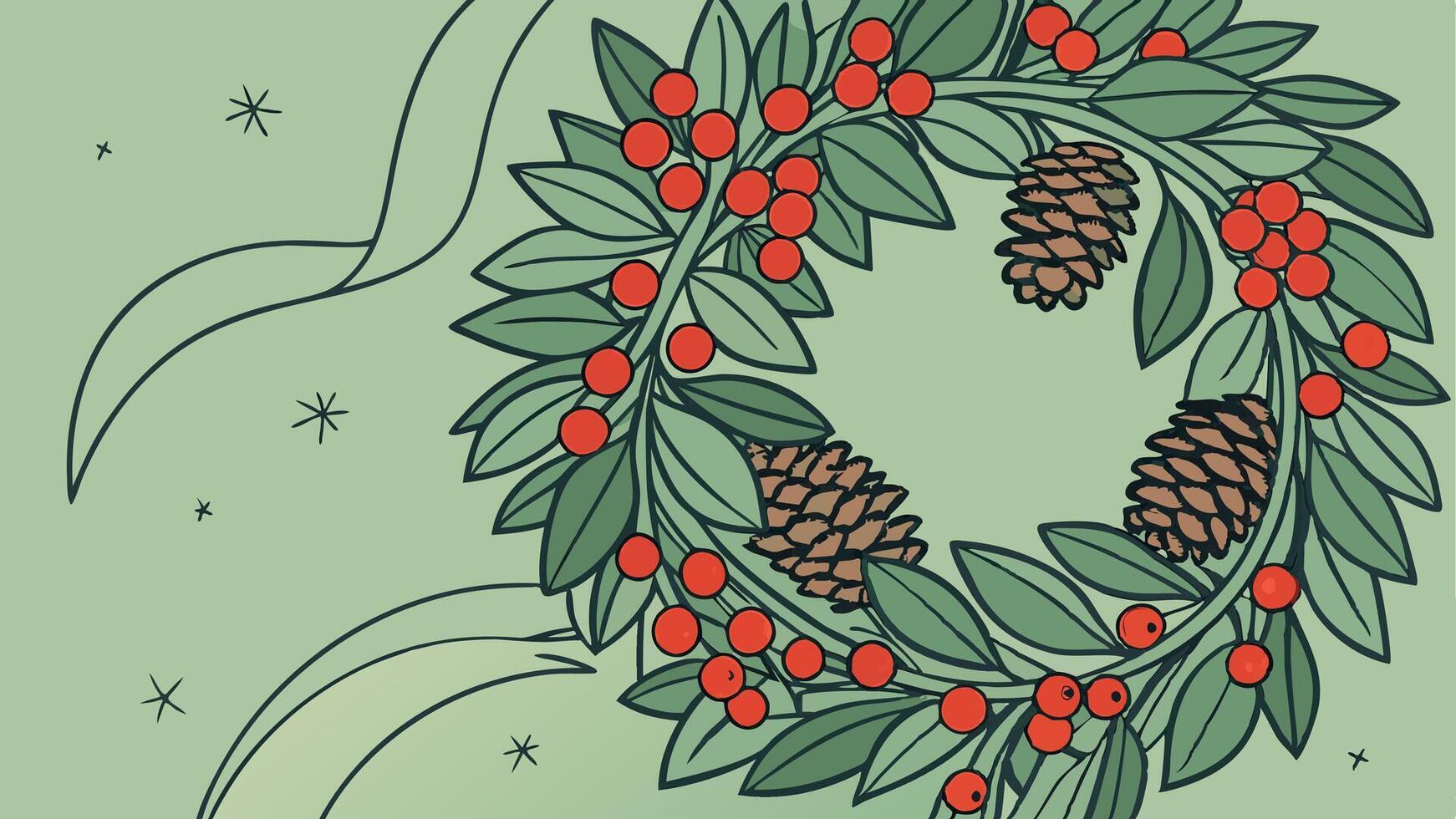 A christmas wreath with red berries and pine cones on a green background. vector