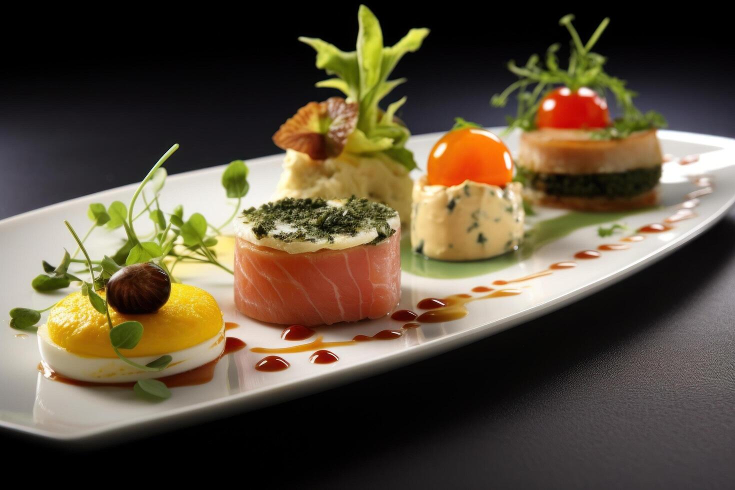 Gourmet appetizer plate with various colorful and creative hors doeuvres photo