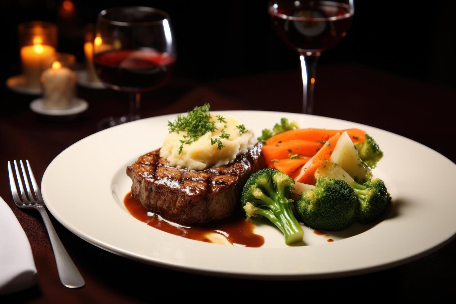 Delicious steak dinner with vegetables and red wine photo