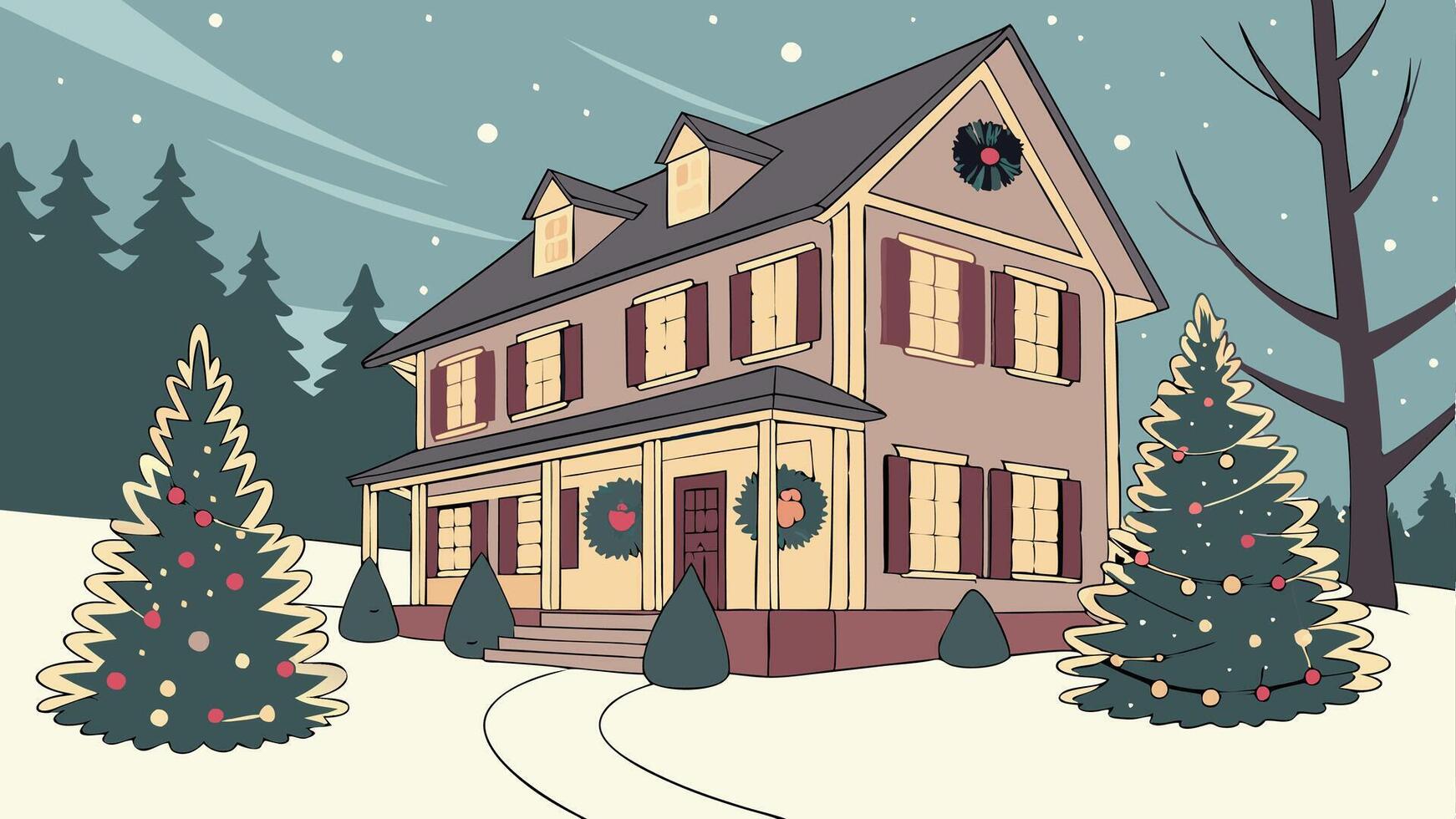 A wide angle shot of a villa decorated for Christmas with lights and Christmas trees vector