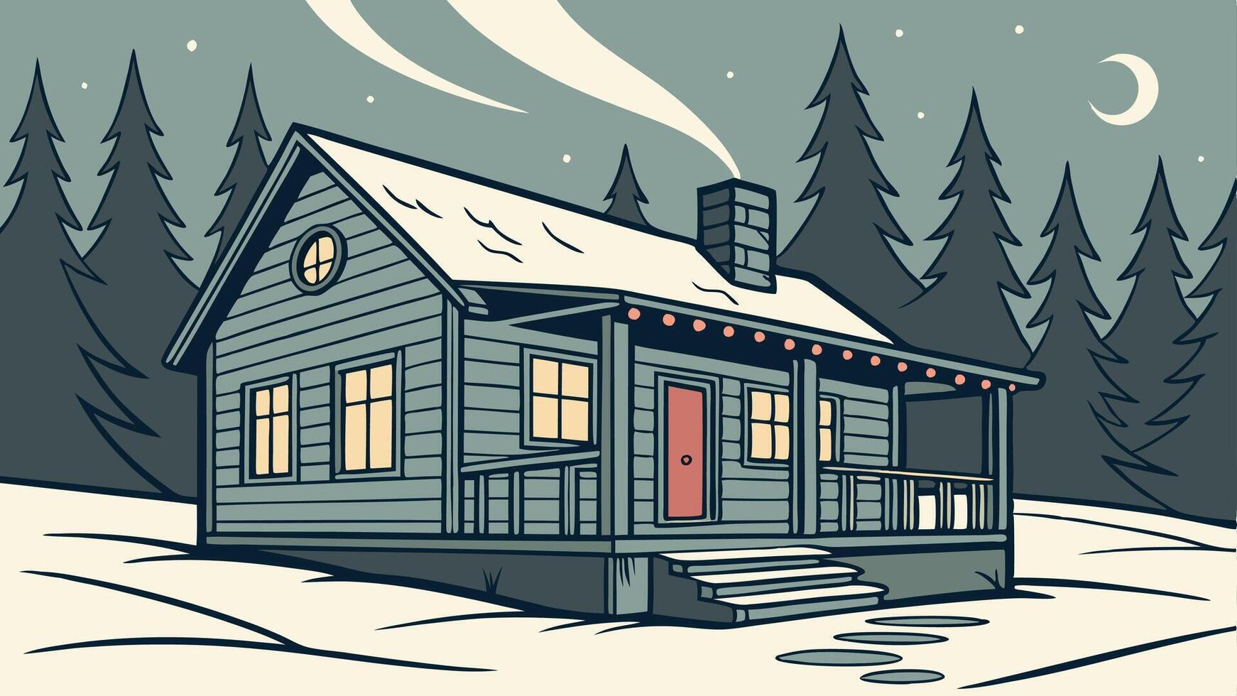 A small cabin with christmas lights on the front door and porch. vector
