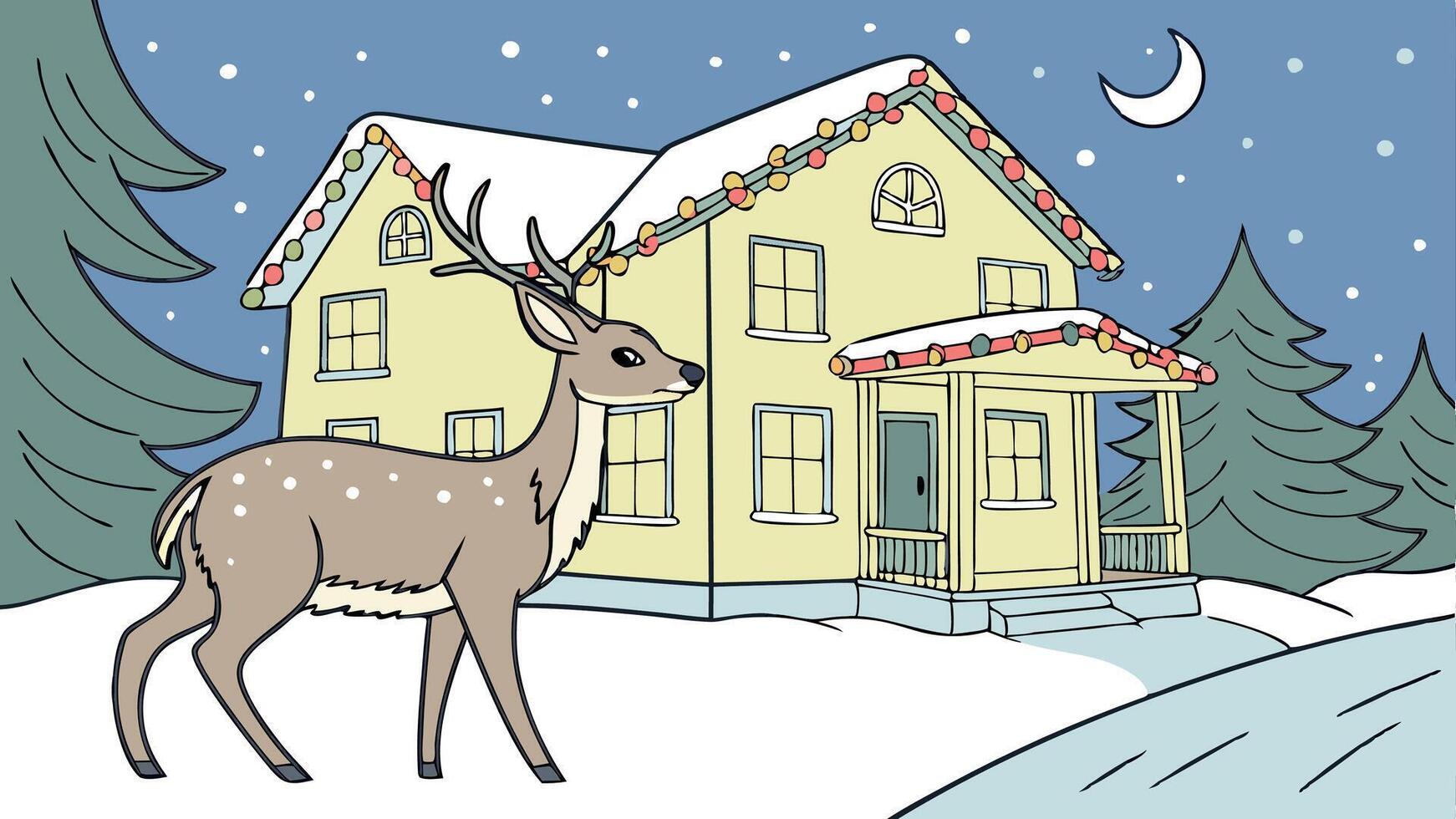 Deer standing in front of a house all lit up with christmas lights on snow night vector