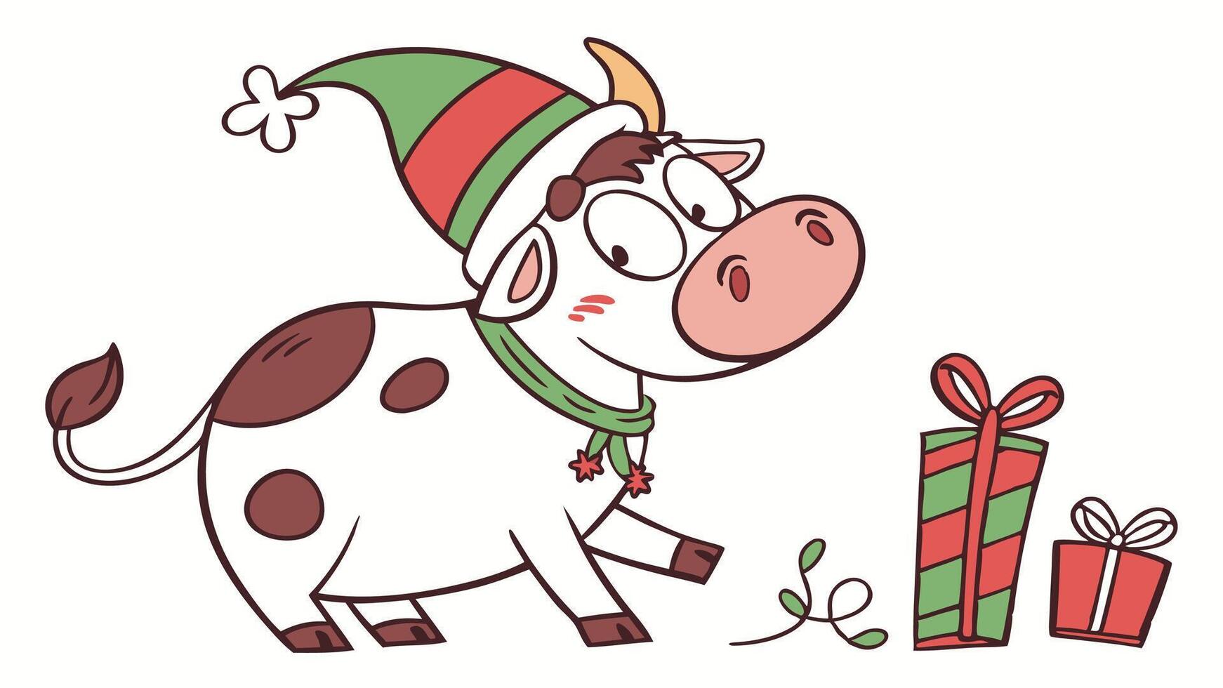 A cow wearing christmas hat. Christmas greeting card with cow. isolated on background. vector
