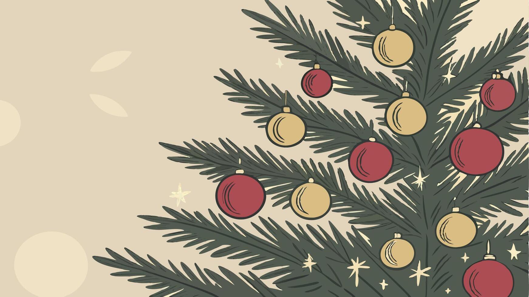A close up of a christmas tree with red and gold baubles on it and blurry lights in the background. vector