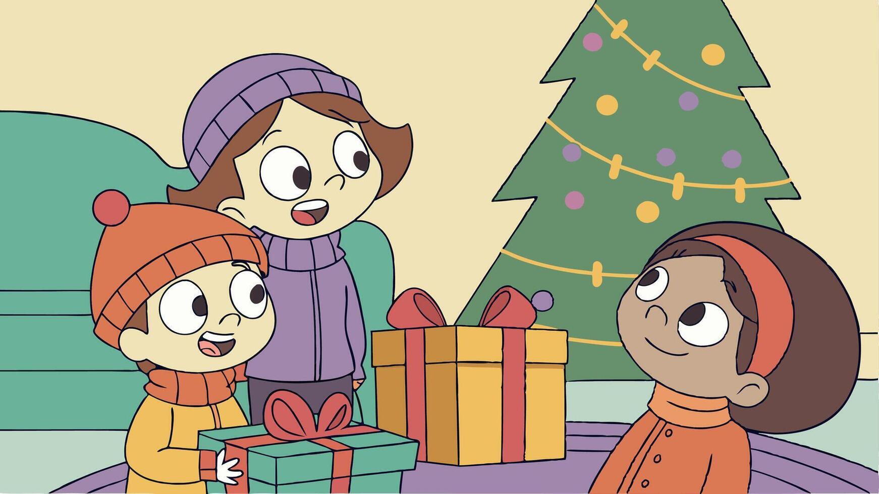A cartoon of three children opening presents in front of a christmas tree vector