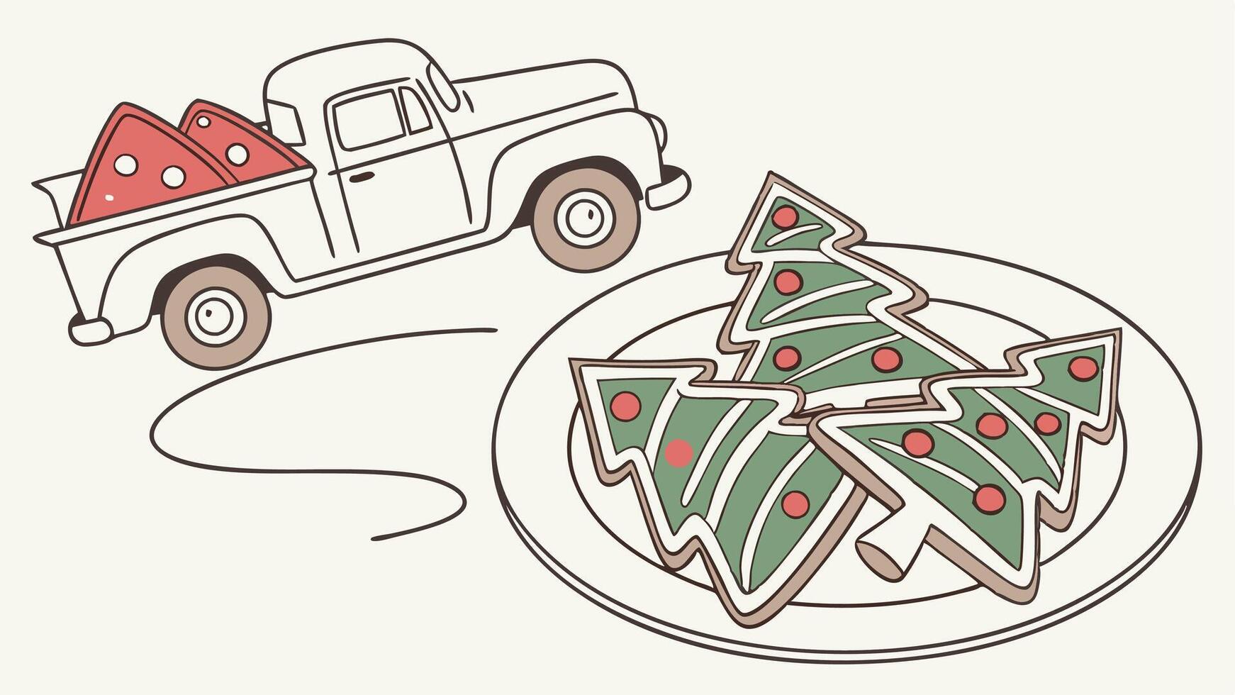 A cute White Truck and Christmas Tree cookies on a plate. Festive atmosphere. Horizontal. side view vector