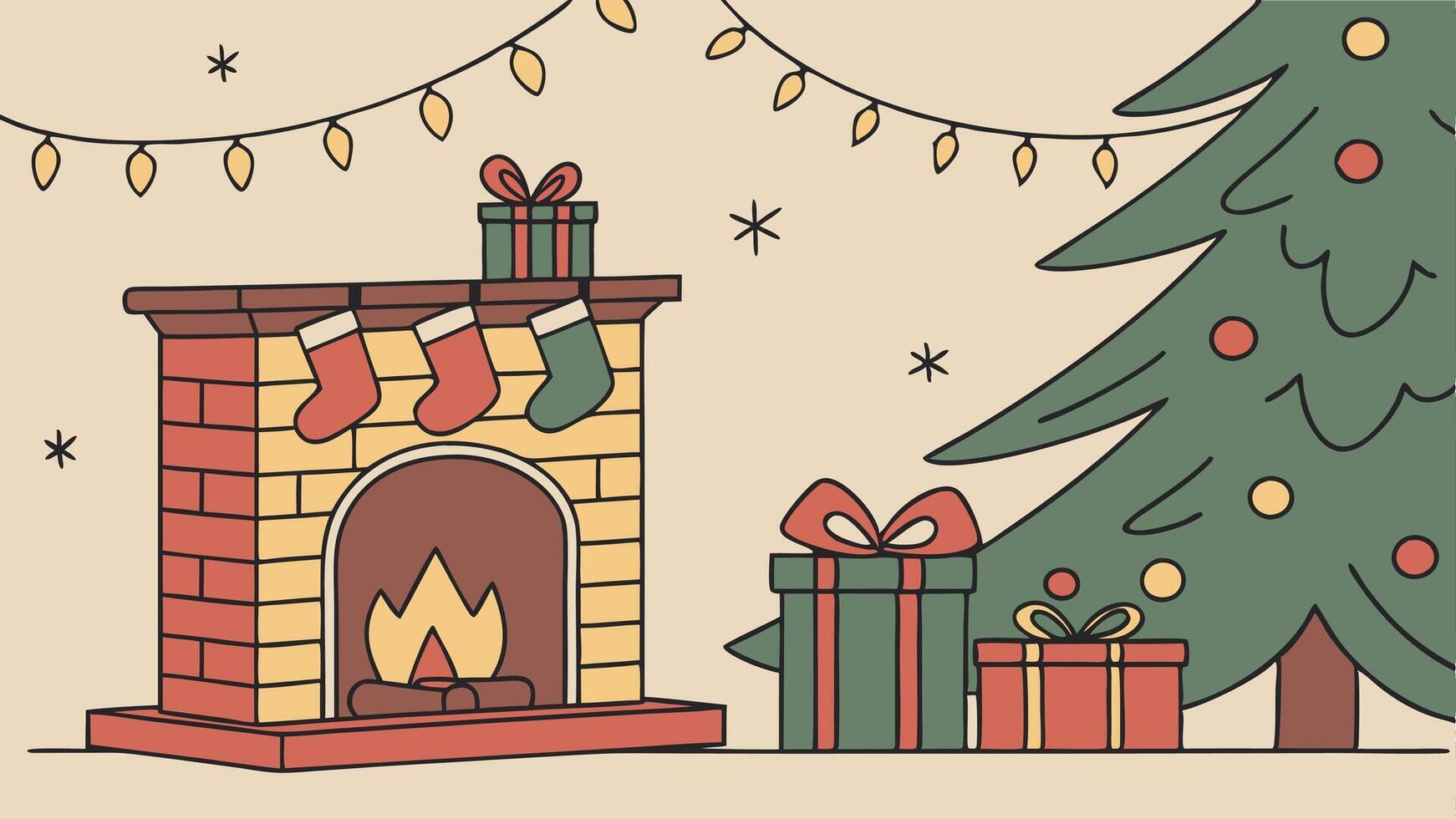 A warm Christmas background with gifts and a fireplace vector