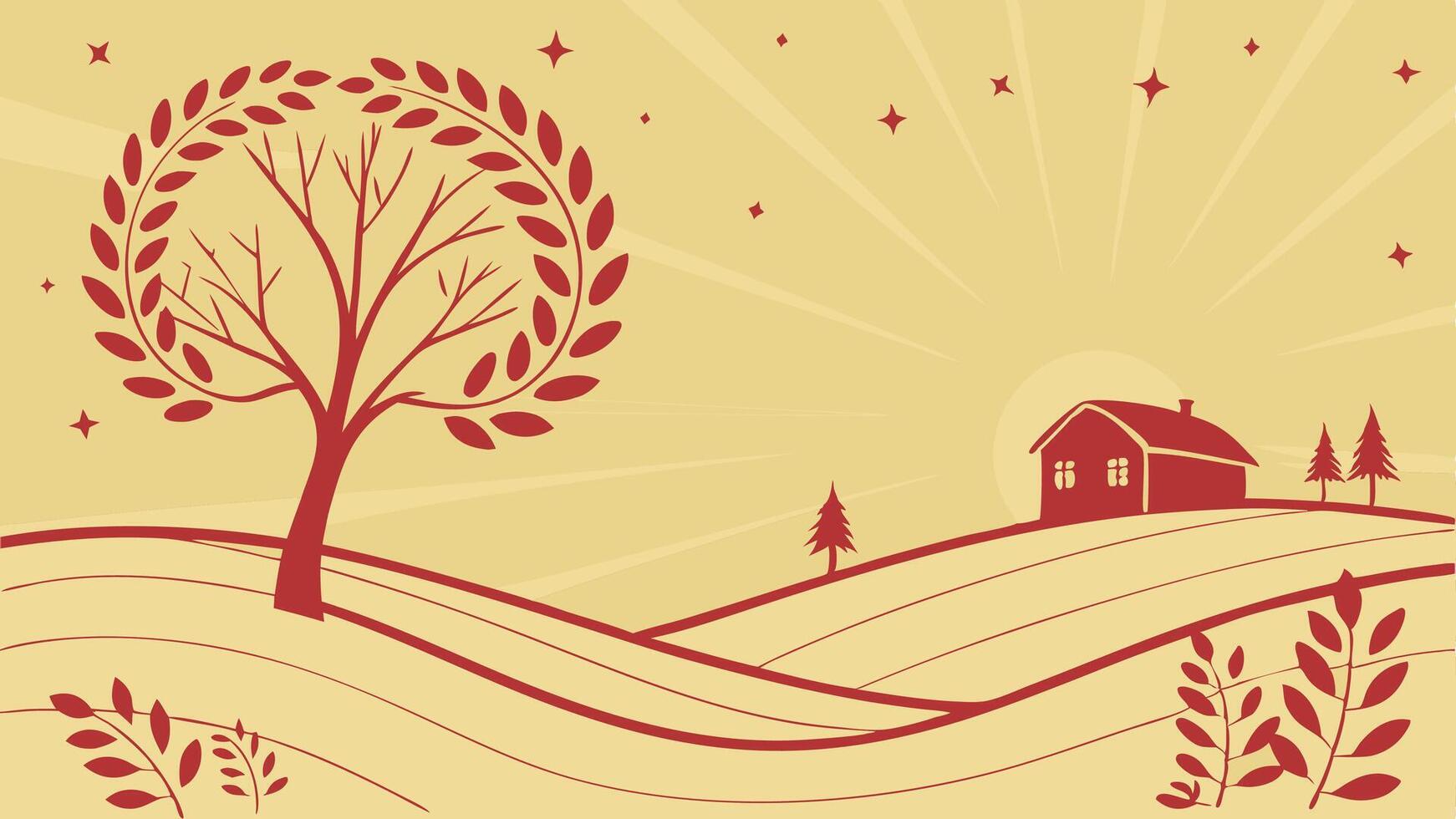 A red and yellow background with a tree and a house vector