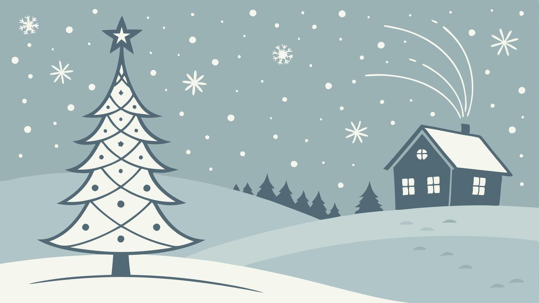 Abstract minimal winter Christmas background with Christmas tree. village house. vector