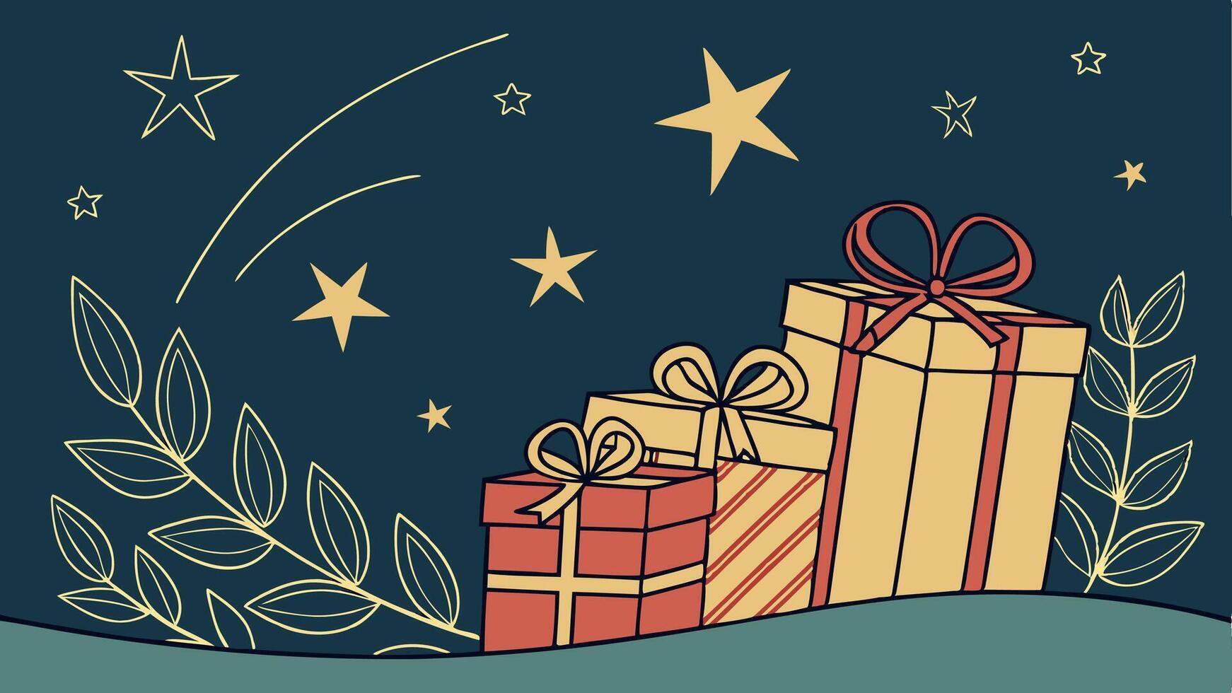 Dark blue christmas background with gifts and gold stars vector