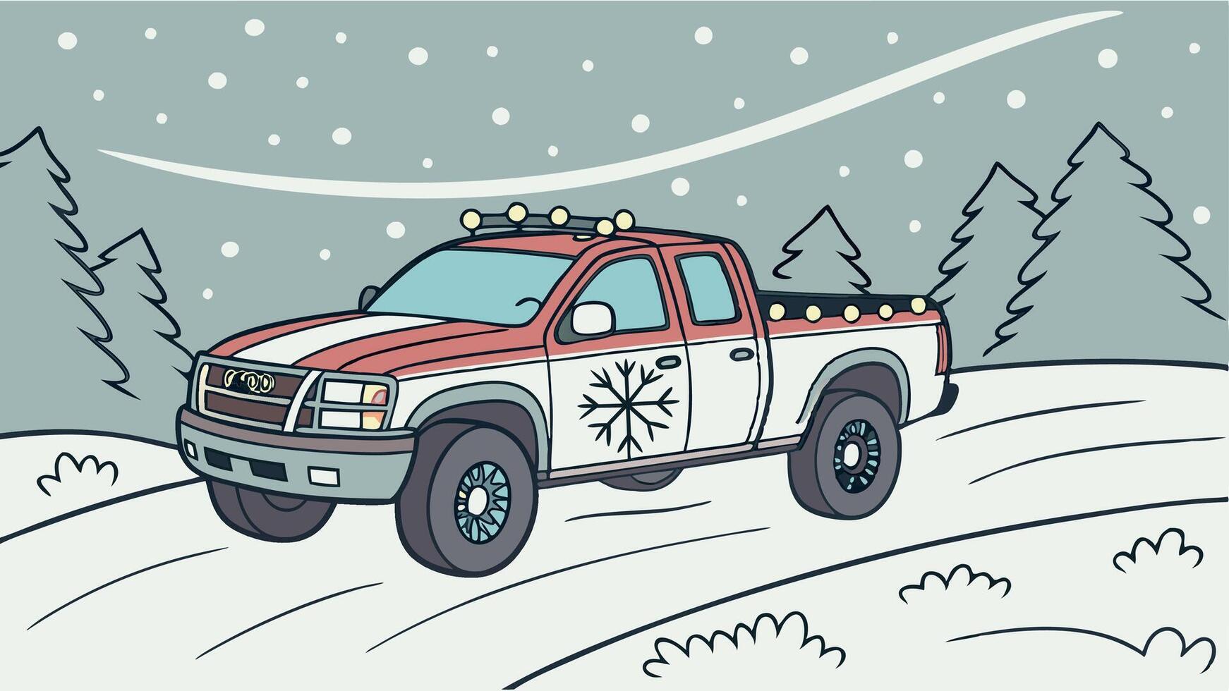 A truck that is decorated for the Christmas holidays drives in the snow during the winter vector