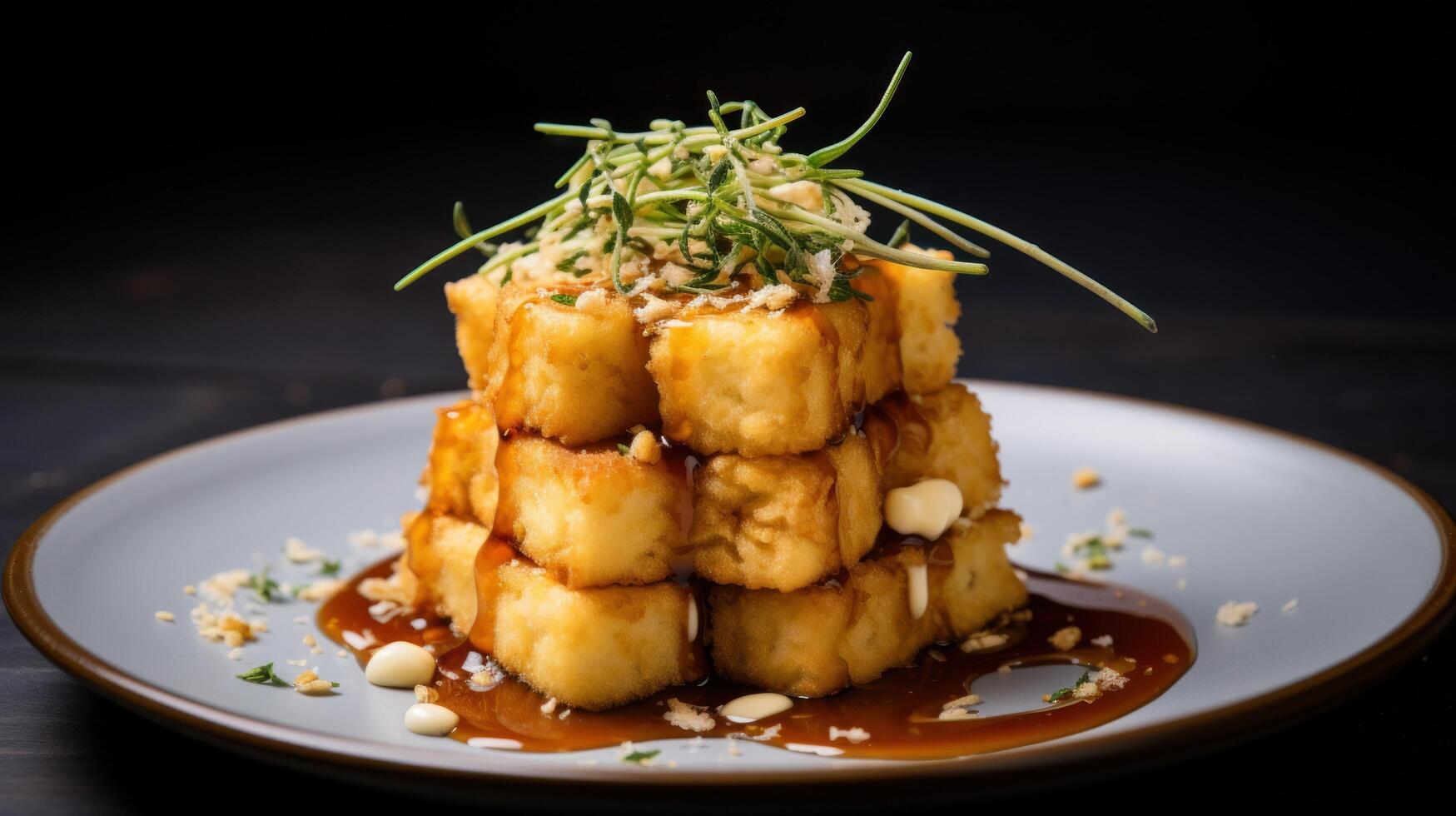 Delicious fried tofu cubes with sauce and garnish photo