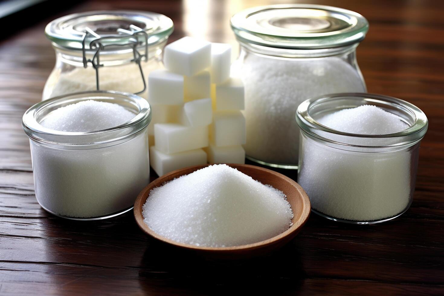 Assortment of sugar and sweeteners in glass jars photo