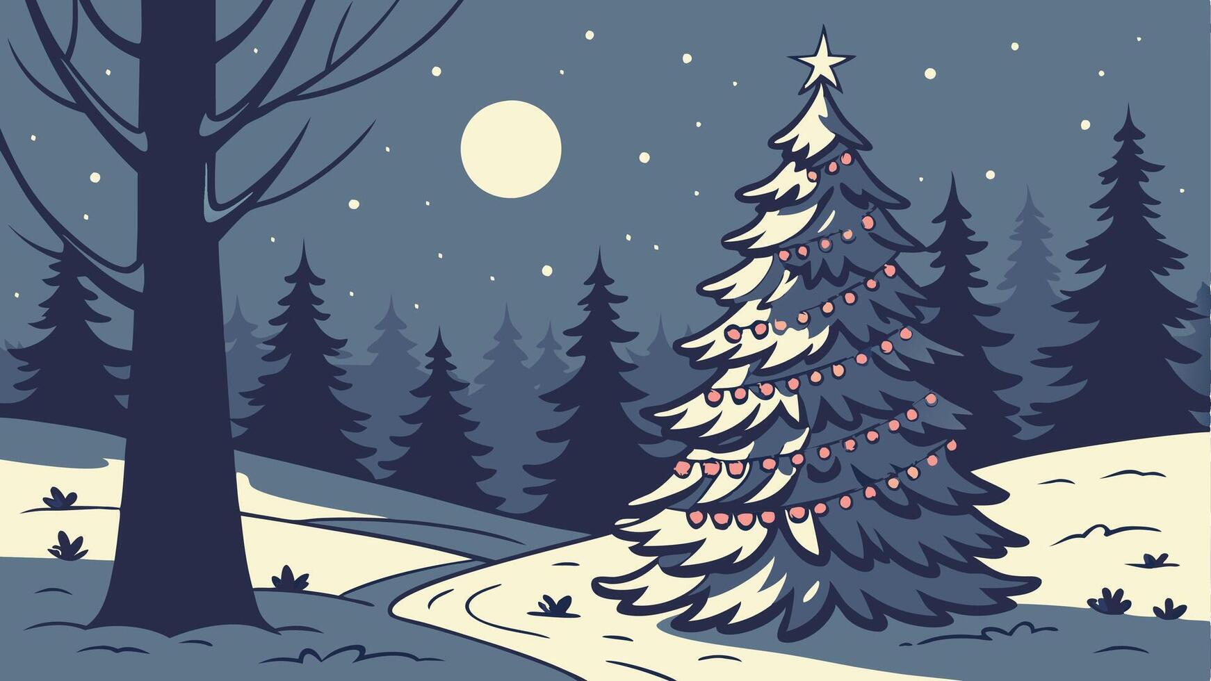 A christmas tree is lit up in a snowy forest at night. vector