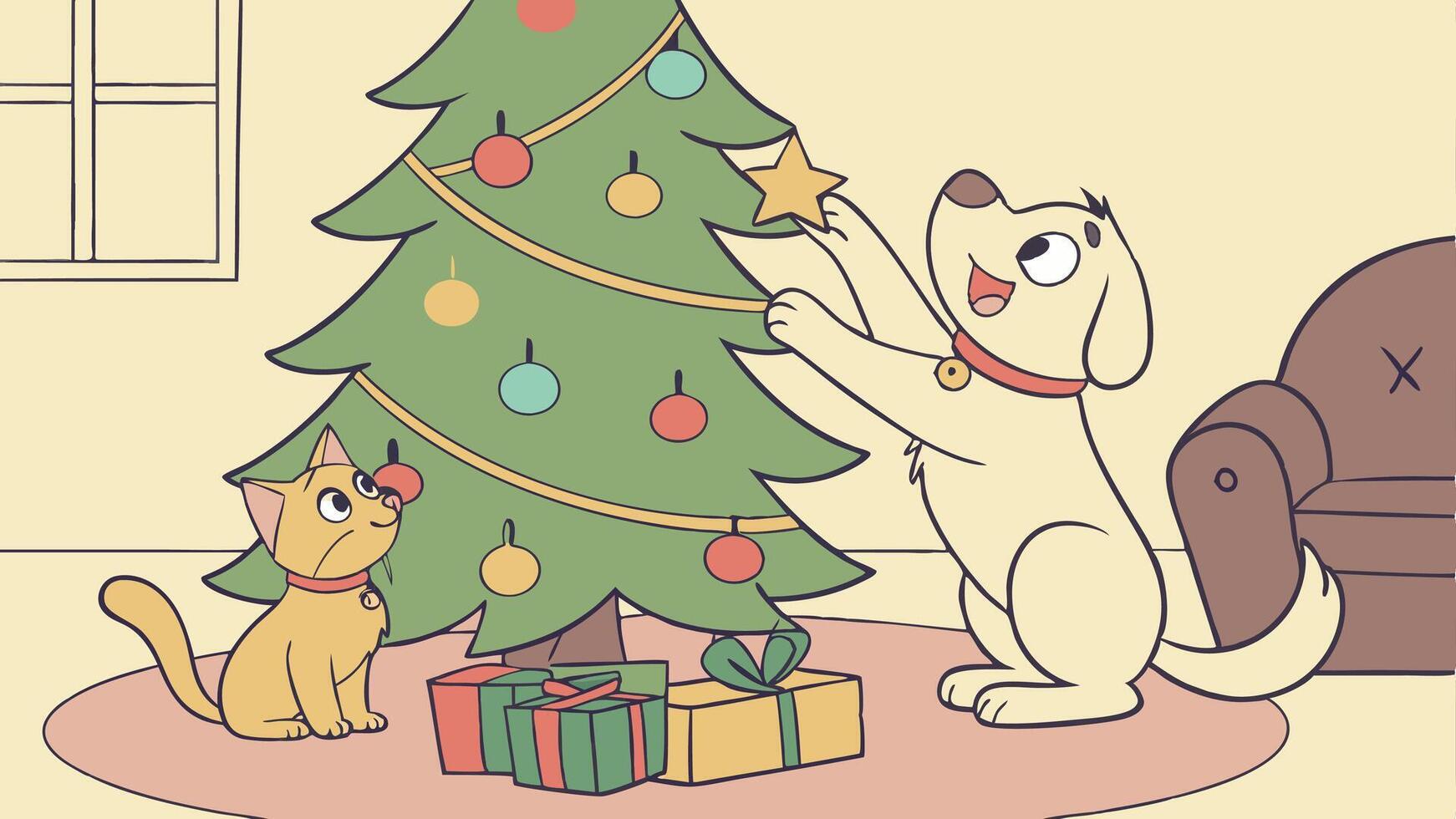 Cat and dog near the Christmas tree. christmas pets. happiness. celebration and fun. furry animals. vector