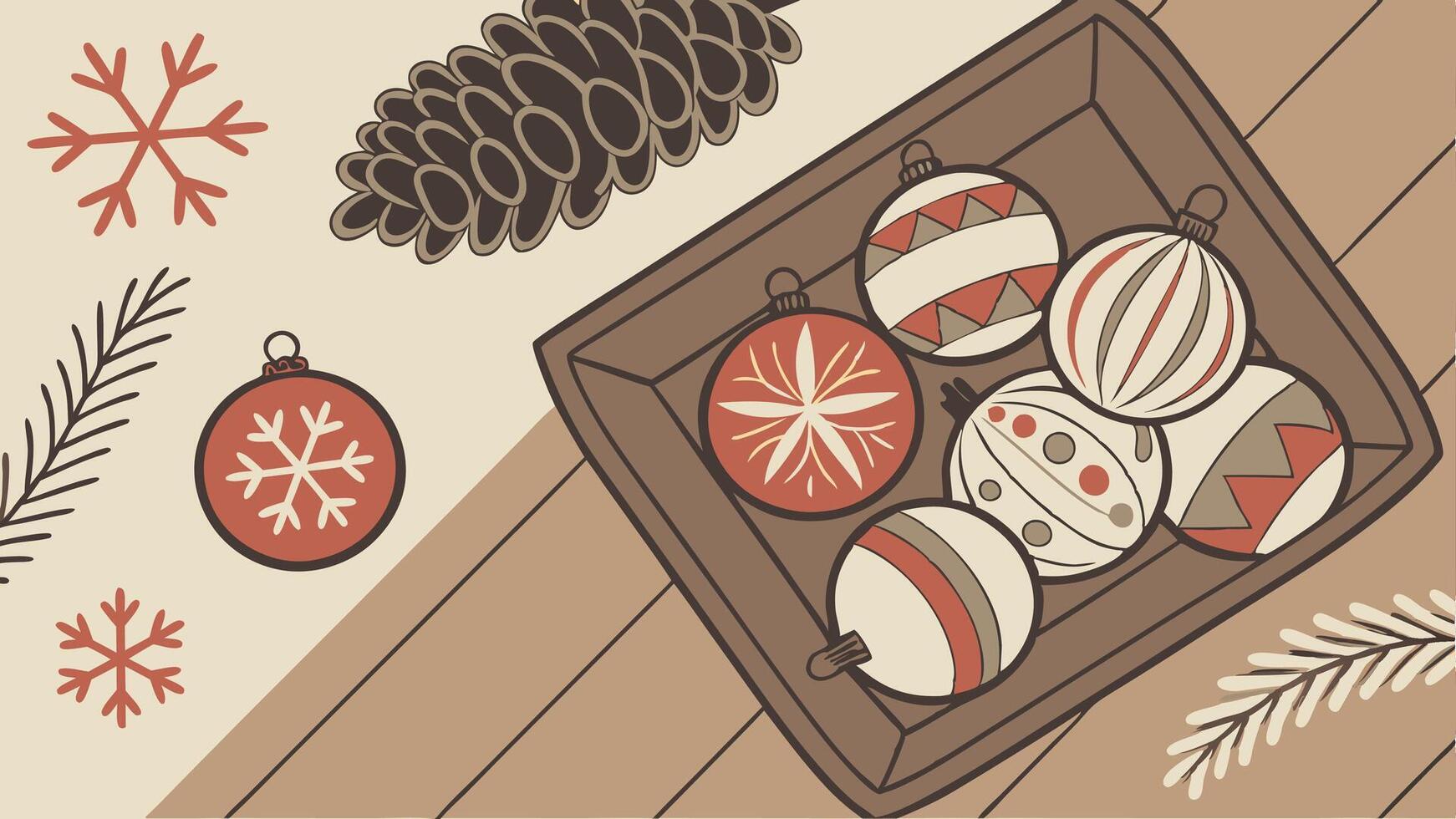 A wooden table topped with lots of christmas ornaments and pine cones. vector