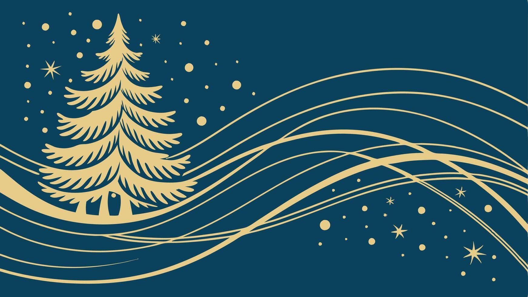 Abstract christmas illustration. gold wavy shapes and particles on blue background. vector