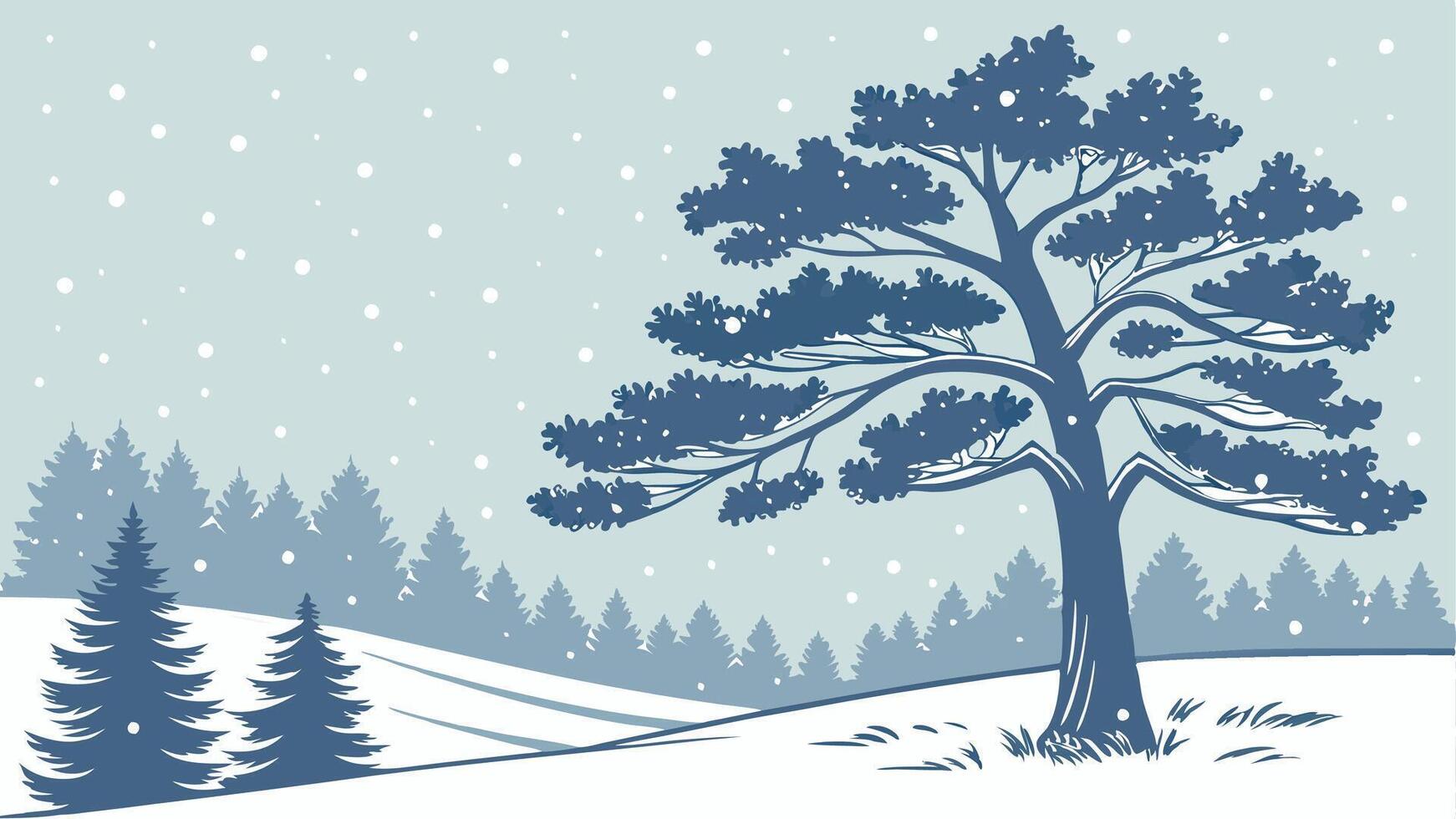 Winter landscape with pine tree and snowfall illustration vector
