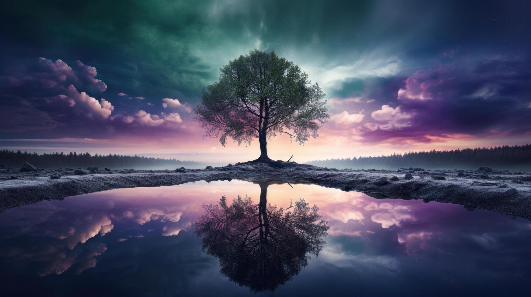 Serene landscape with lone tree and dramatic sky reflection photo