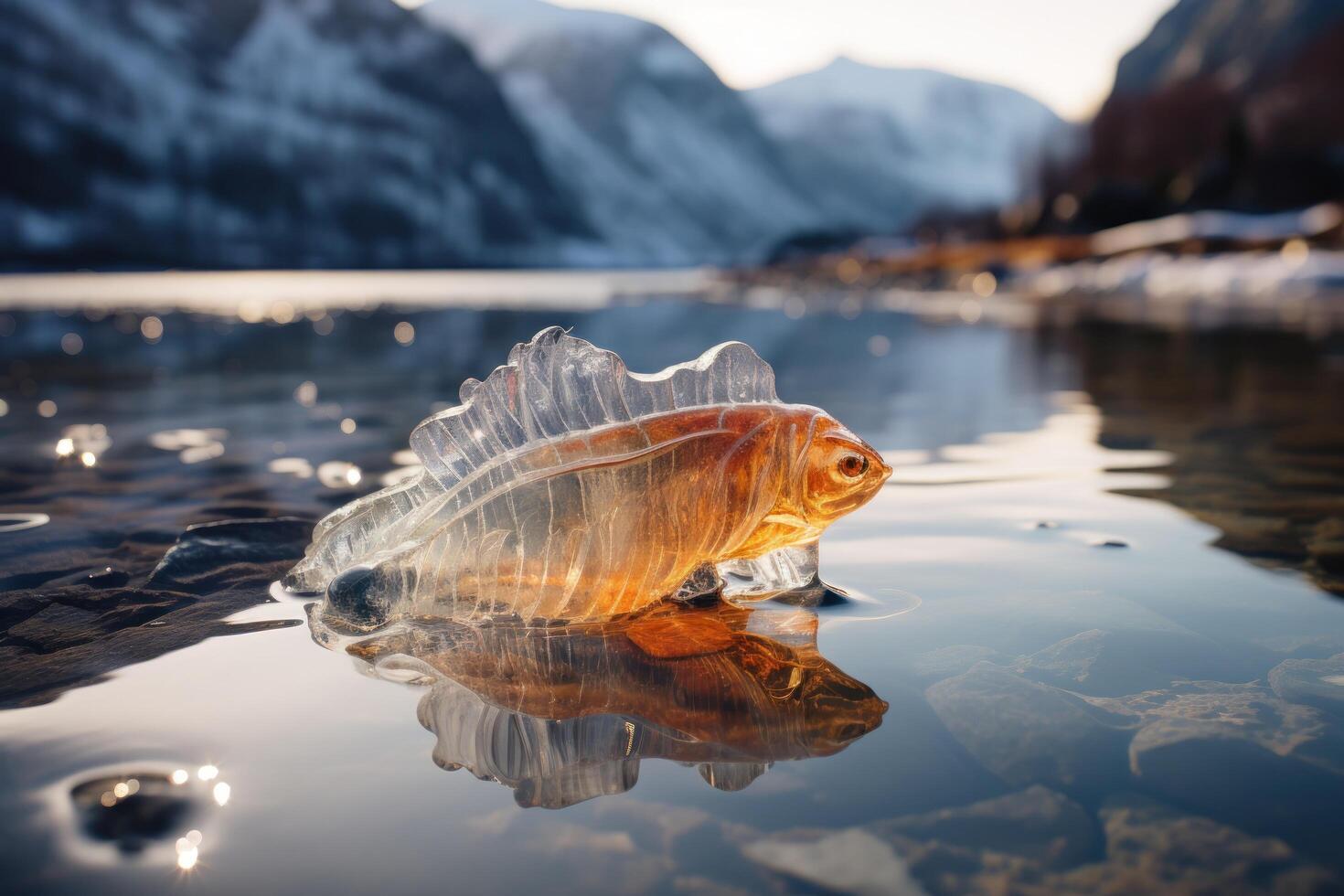 Frozen fish in a serene mountain lake photo