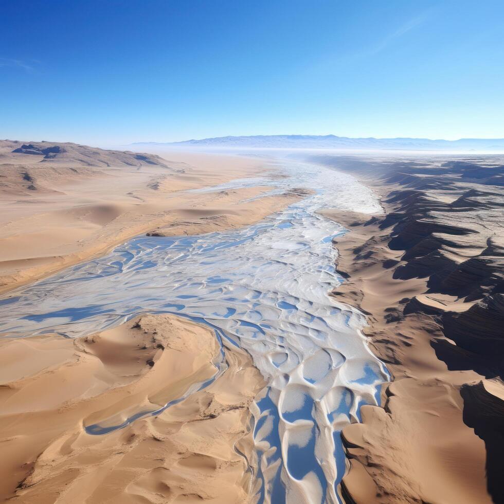 Aerial view of a desert landscape with a winding river photo