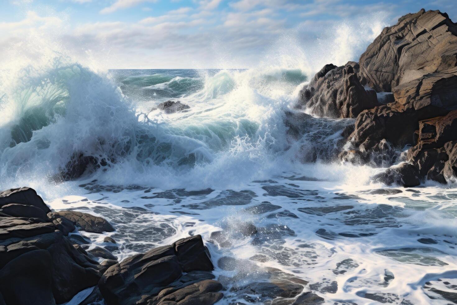 Powerful ocean waves crashing against rocky coastline photo