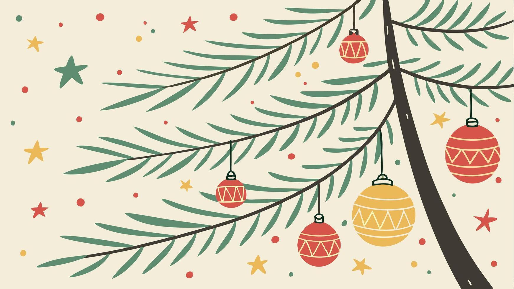 Christmas tree decorations. christmas background with hanging balls and pine tree branches. vector