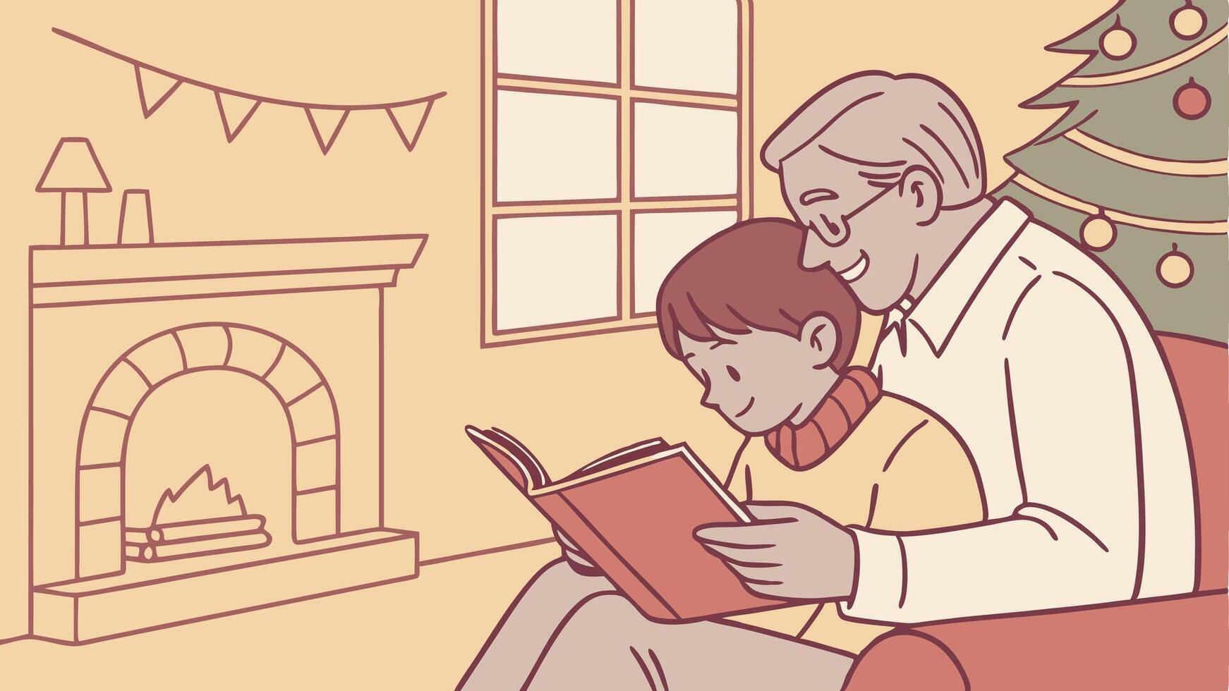 Grandfather reading to grandson in front of fireplace vector