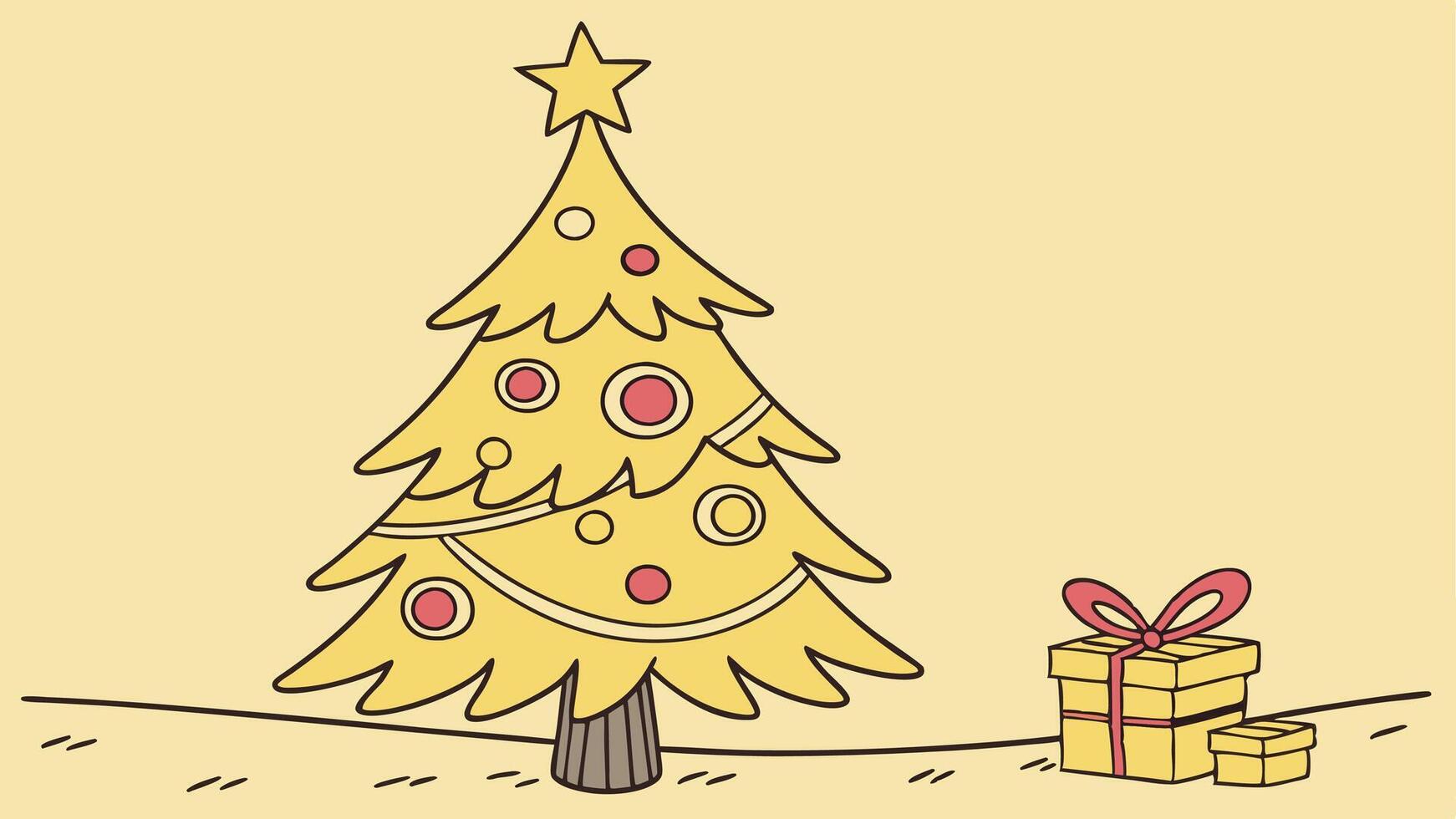 A yellow christmas tree with ornaments on a yellow background with a star on top. vector